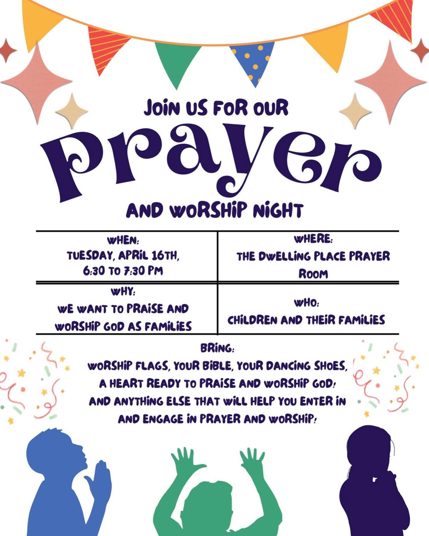 Join us as we gather this Tuesday night to pray &amp; worship together in the prayer room! We can&rsquo;t wait to see you there! ✨ *For Preschool &amp; Elementary aged kids and their families.