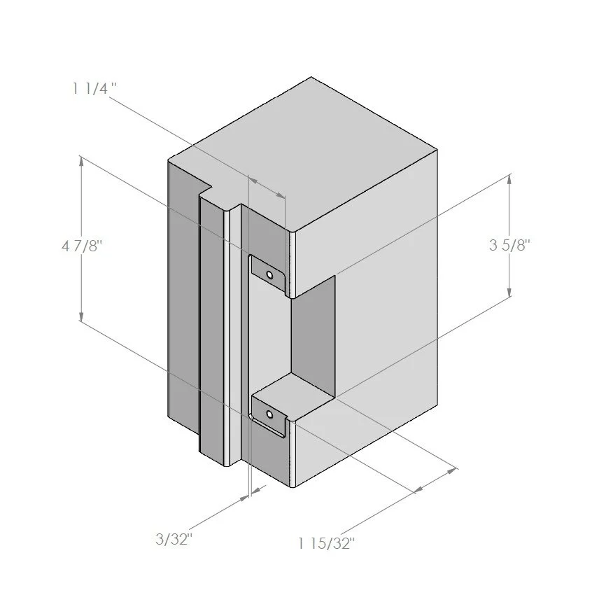 Isometric drawing of a geometric block with labeled dimensions, including lengths like 1 1/4 inches, 4 7/8 inches, and 3 5/8 inches.
