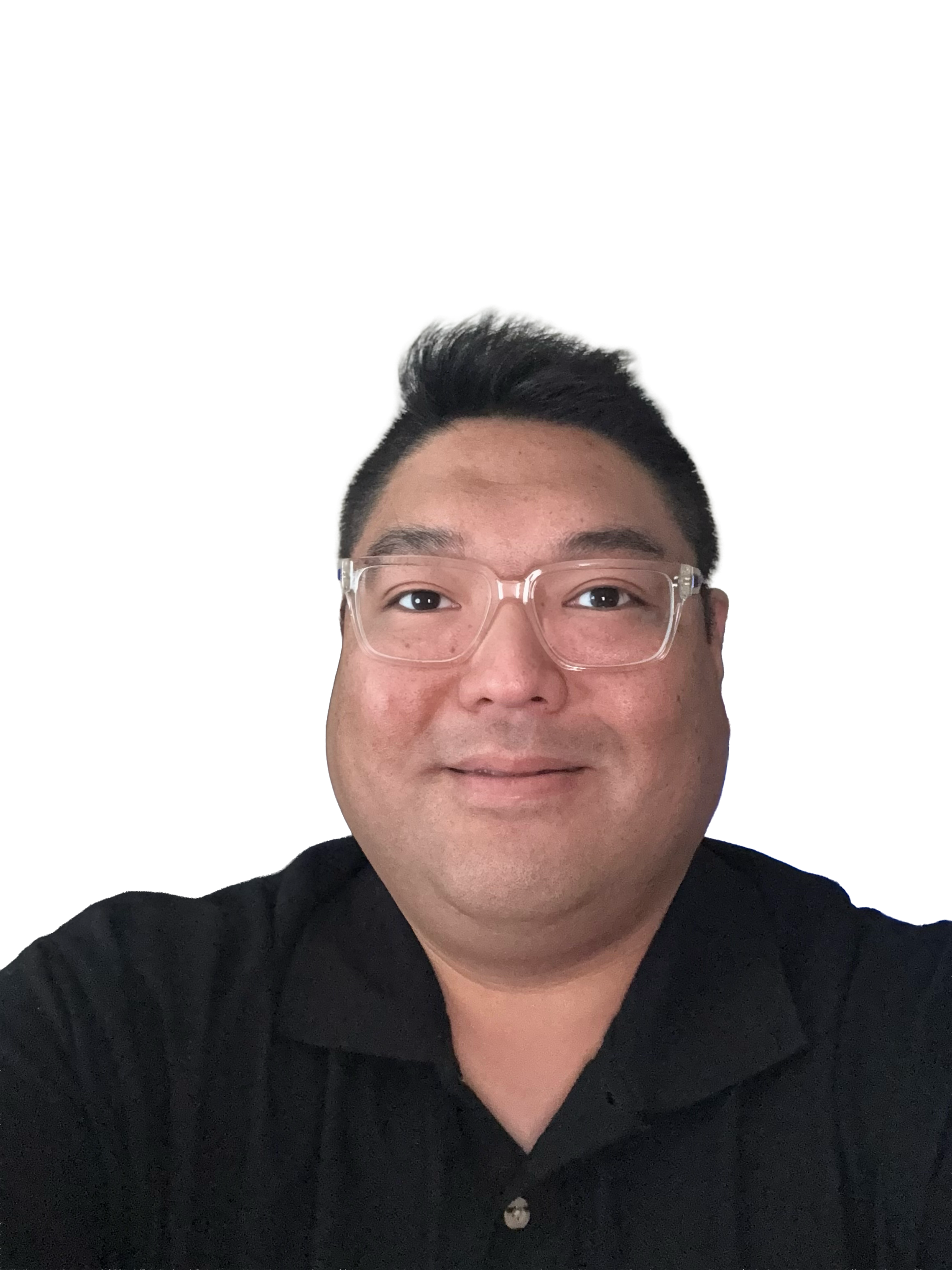 asian male wearing a black polo and clear framed glasses