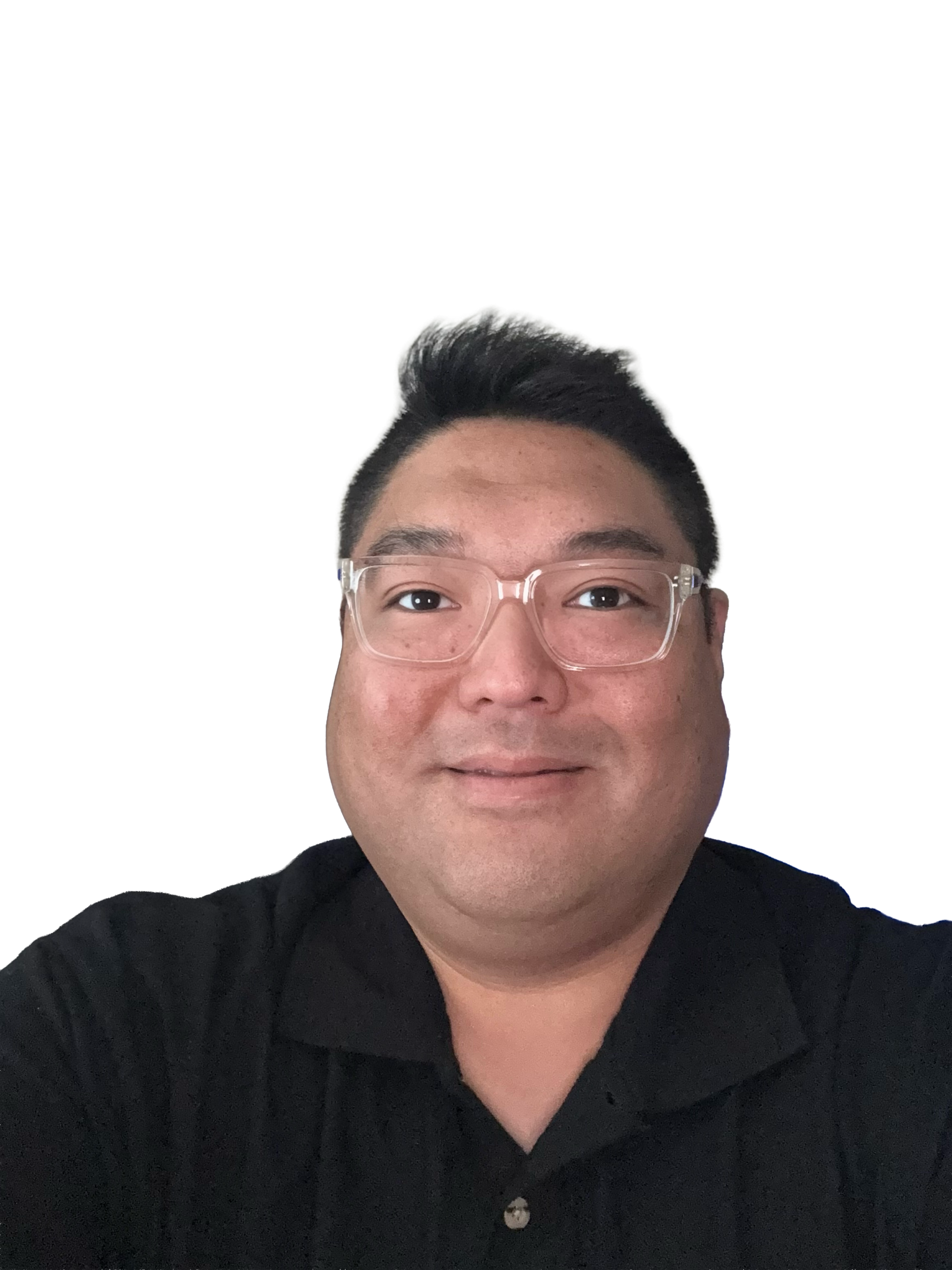 asian male wearing glasses and black polo