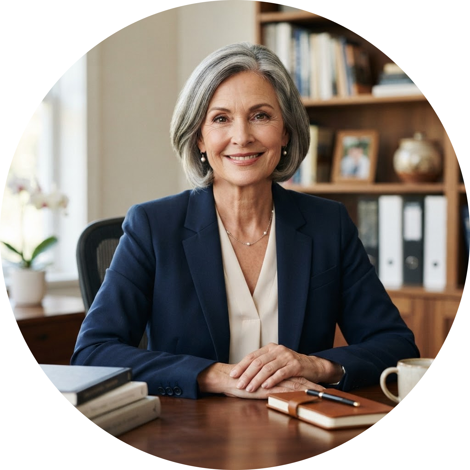 woman in a blue suit sitting at a desk looking and smiling in your direction.