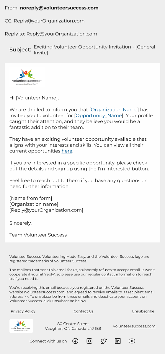 the copy in the templated email for the invite