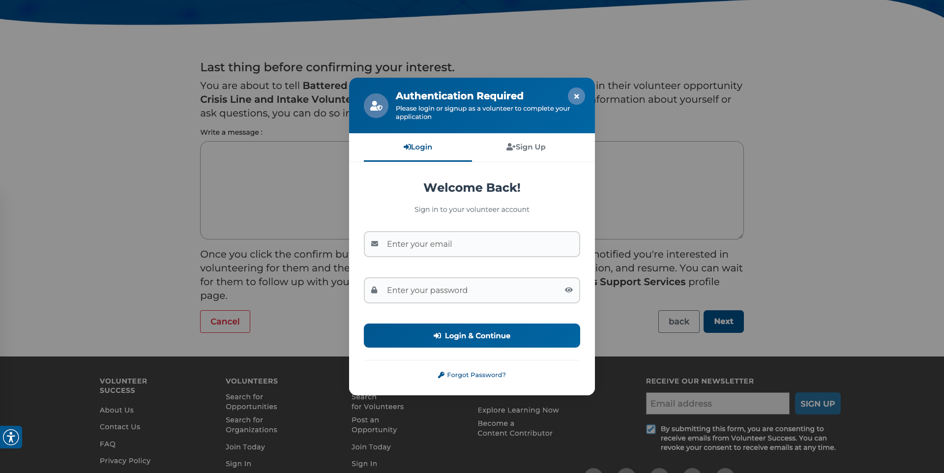login and sign up modal displayed over the last sign up step for the volunteer opportunity