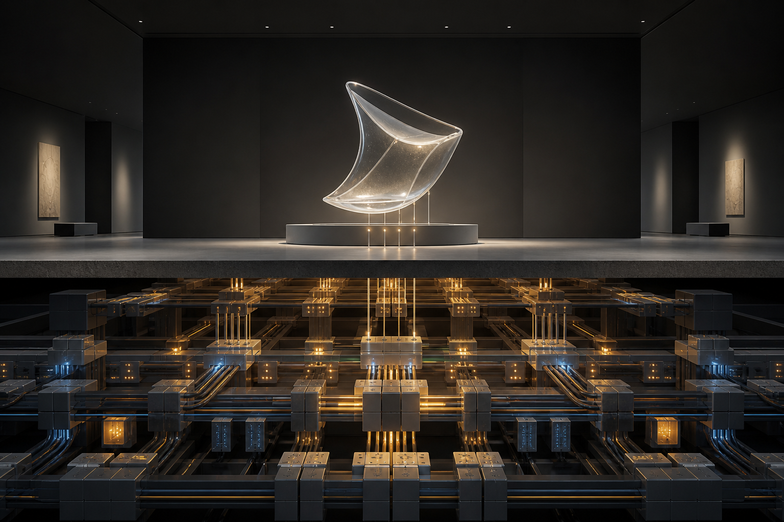 Transparent sculptural chair displayed in a dark gallery above an exposed network of interconnected structural and mechanical components illuminated with warm gold and blue light.