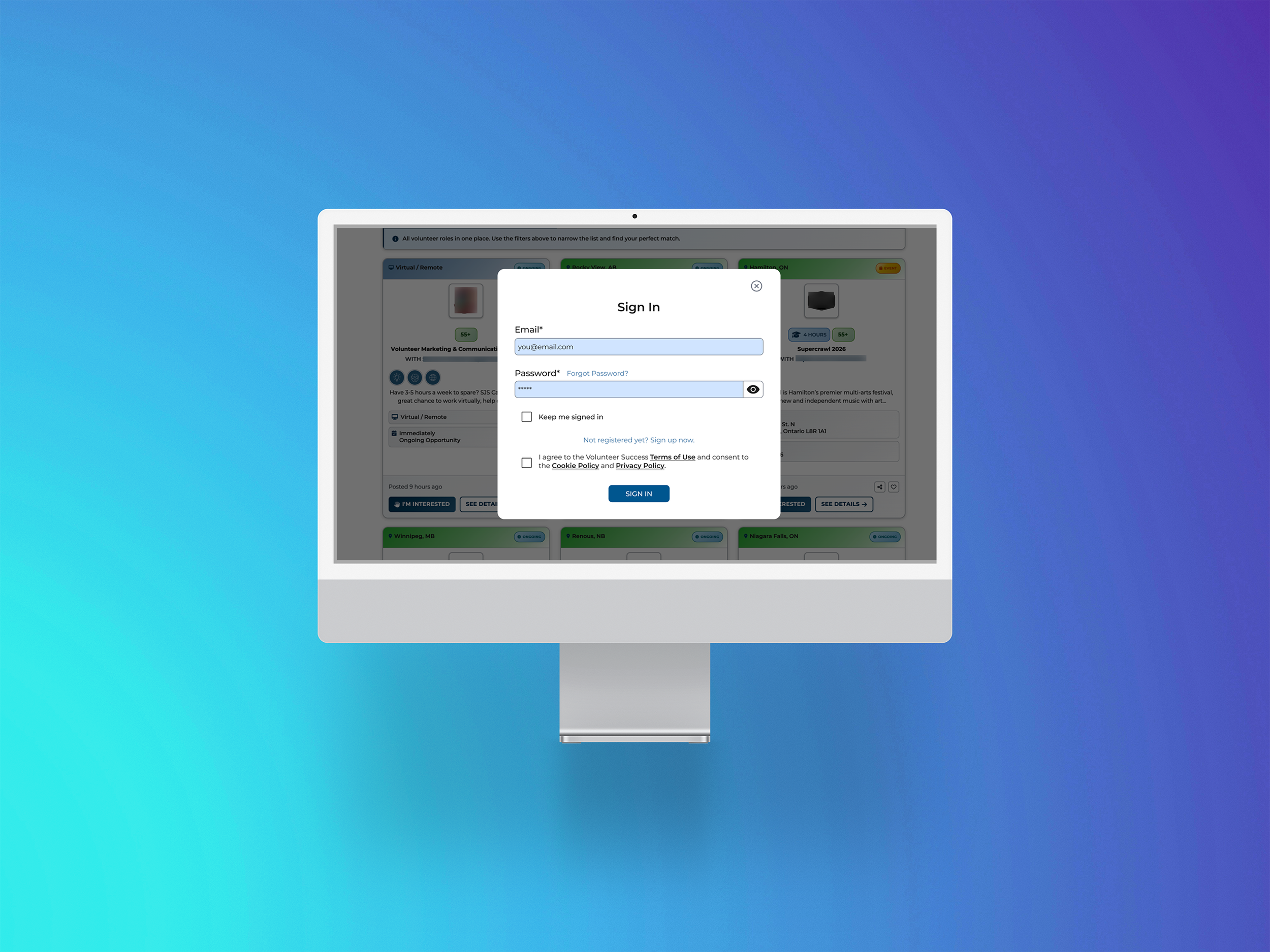 Sign in modal with email and password input fields, check boxes to remember user and accept all terms. Text link to forgot password, or new account registration and the Sign in button.