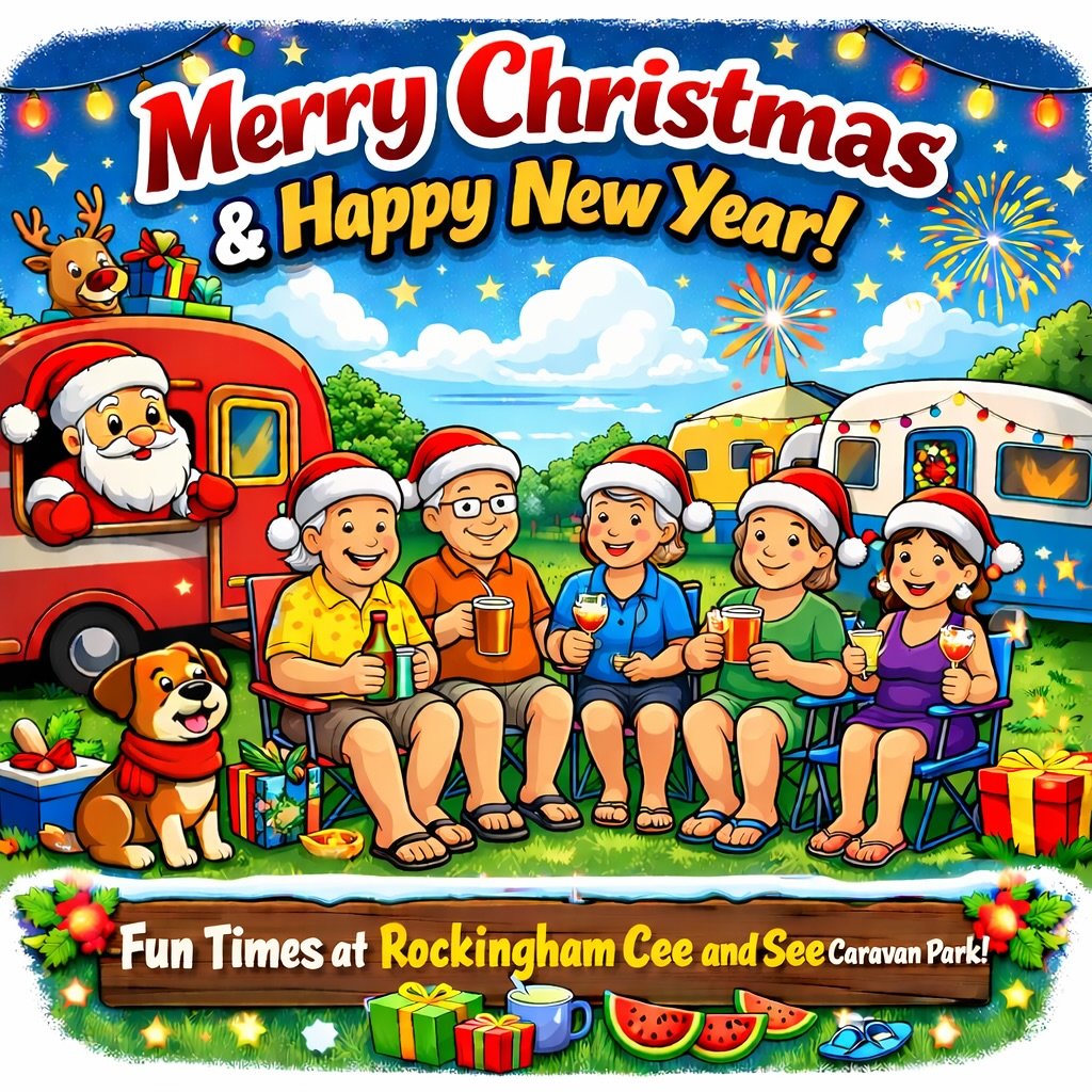 Summer Holidays @ Cee &amp; See 💦☀️ With sun, smiles &amp; festive fun, we wish you a Merry Christmas &amp; a Happy New Year from all of us at the park! 🎄🥂🍻

#merrychristmas #happynewyear #ceeandseecaravanpark #rediscoverrockingham #breakawaytour