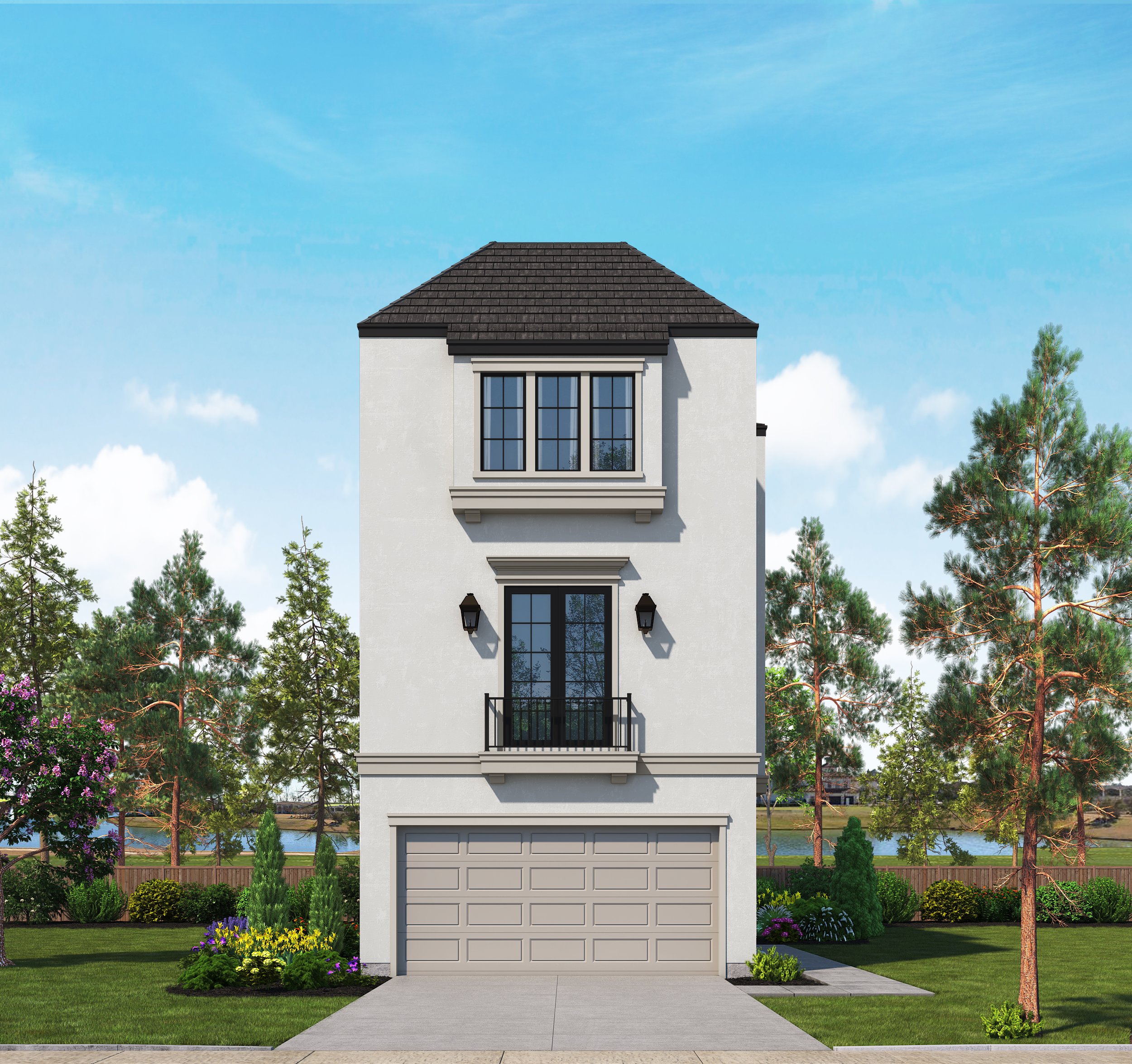 A European French modern multi-story house with a stucco white facade, large windows, and dark accents, surrounded by a well-manicured lawn and lush garden with trees and flowers, under a bright blue sky. Lake front