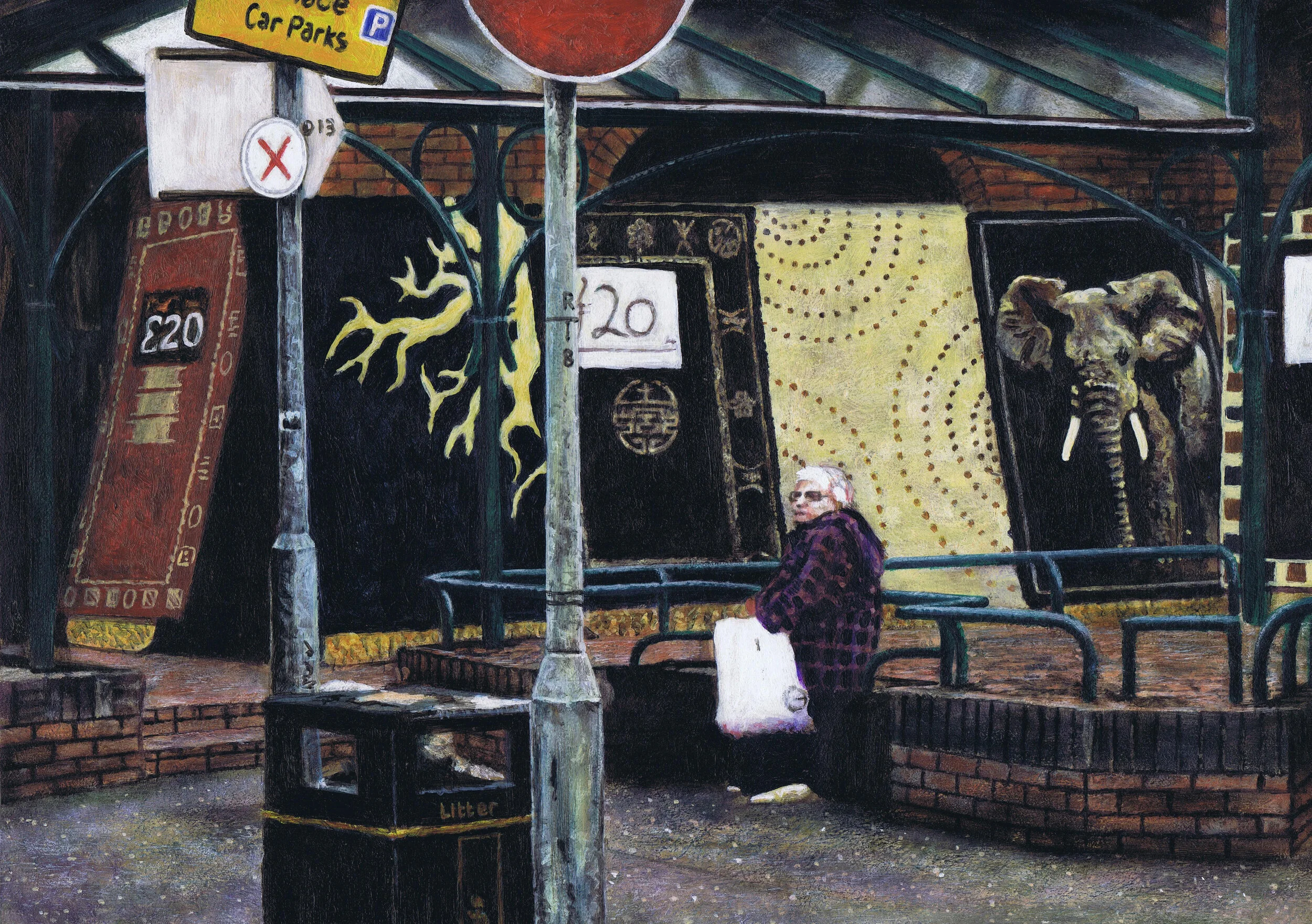 Offline Gallery is a new international contemporary art gallery located in Whitehead, U.K, exhibiting exceptional new artists' of our time. - Smithfield Elephant - M. Taylor - Acrylic on board
