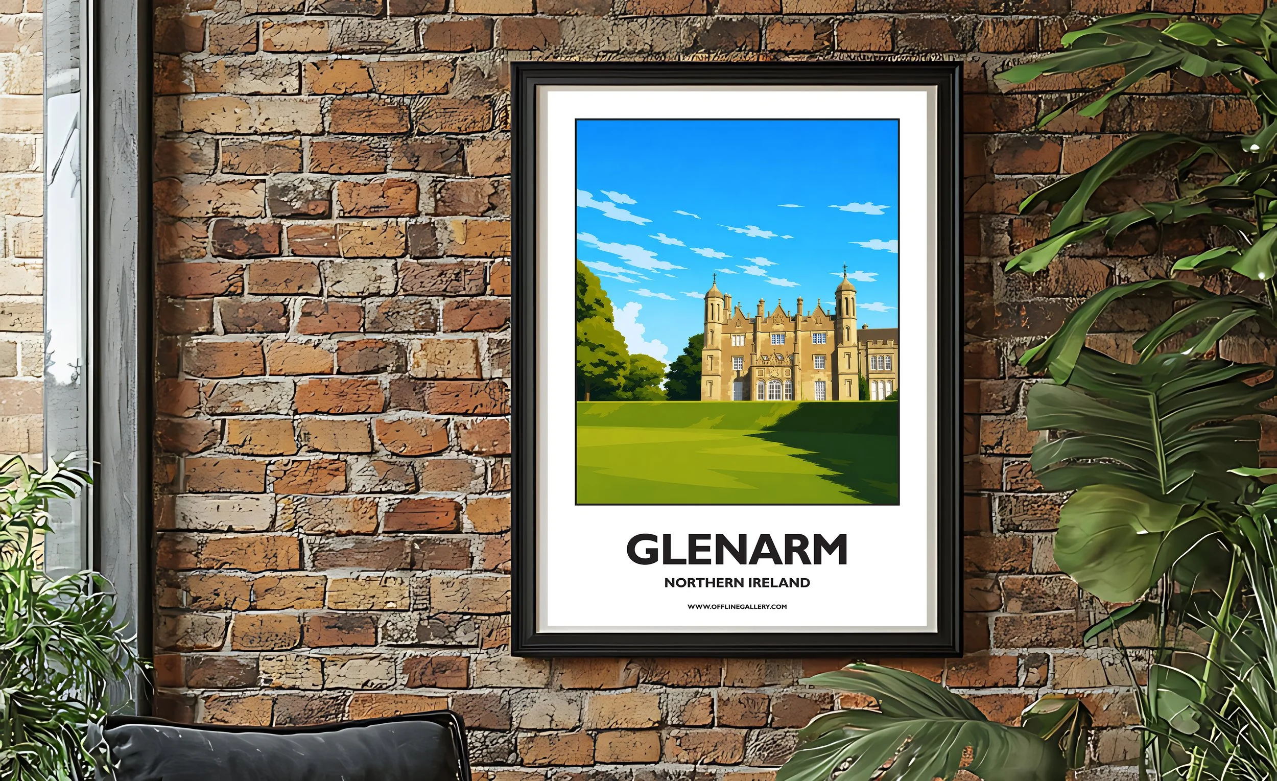 A2.2- Stunning poster of Glenarm Castle for sale, perfect for art lovers and collectors. Ideal for home or office, this artwork brings a touch of Northern Ireland's natural charm to any setting.