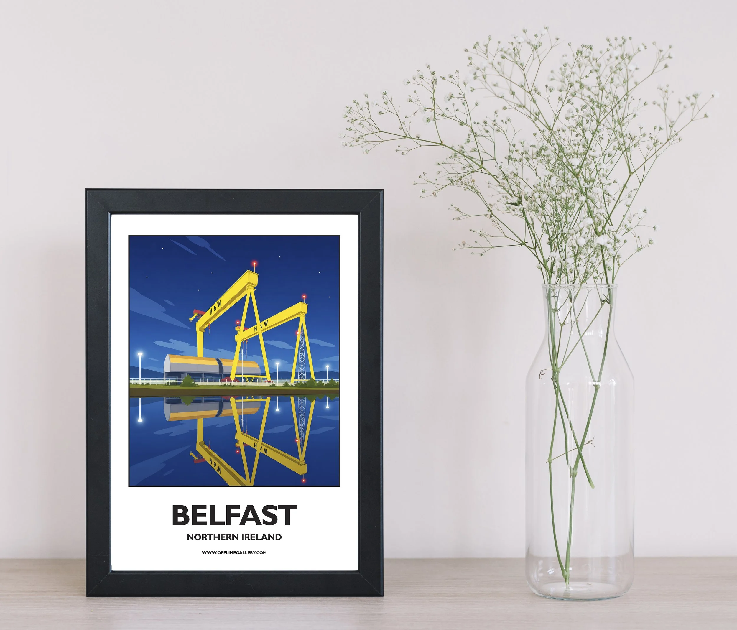 A4.1- Poster of Belfast’s famous cranes for sale, perfect for art lovers and collectors. Ideal for home or office, this artwork brings a touch of Northern Ireland's natural charm to any setting.