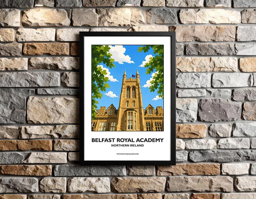 - Stunning poster of Belfast Royal Academy for sale, perfect for art lovers and collectors. Ideal for home or office, this artwork shows an image of a famous local school in Northern Ireland.