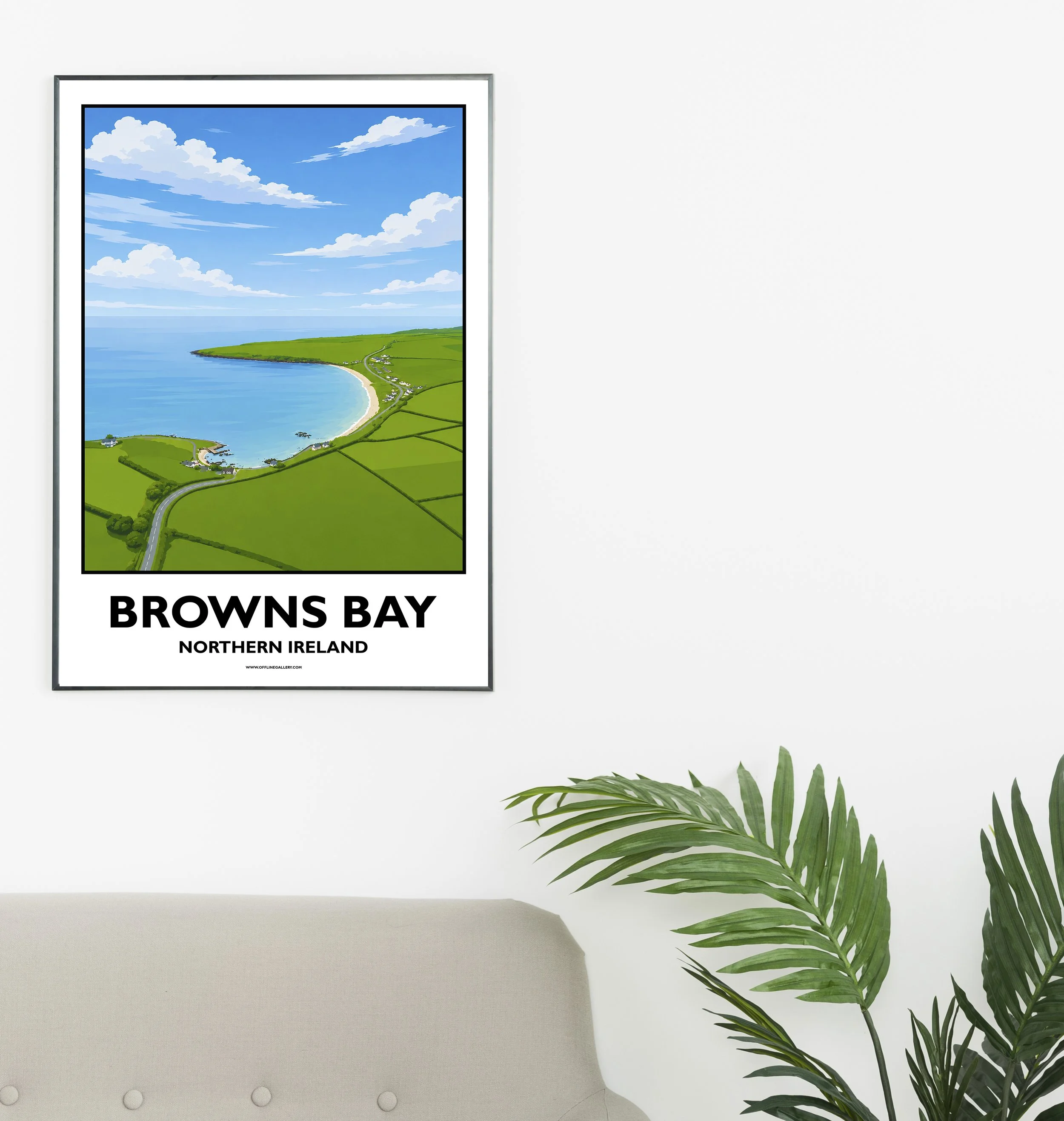 A2.1 - Stunning poster of Browns Bay for sale, perfect for art lovers and collectors. Ideal for home or office, this artwork brings a touch of Northern Ireland's natural charm to any setting.
