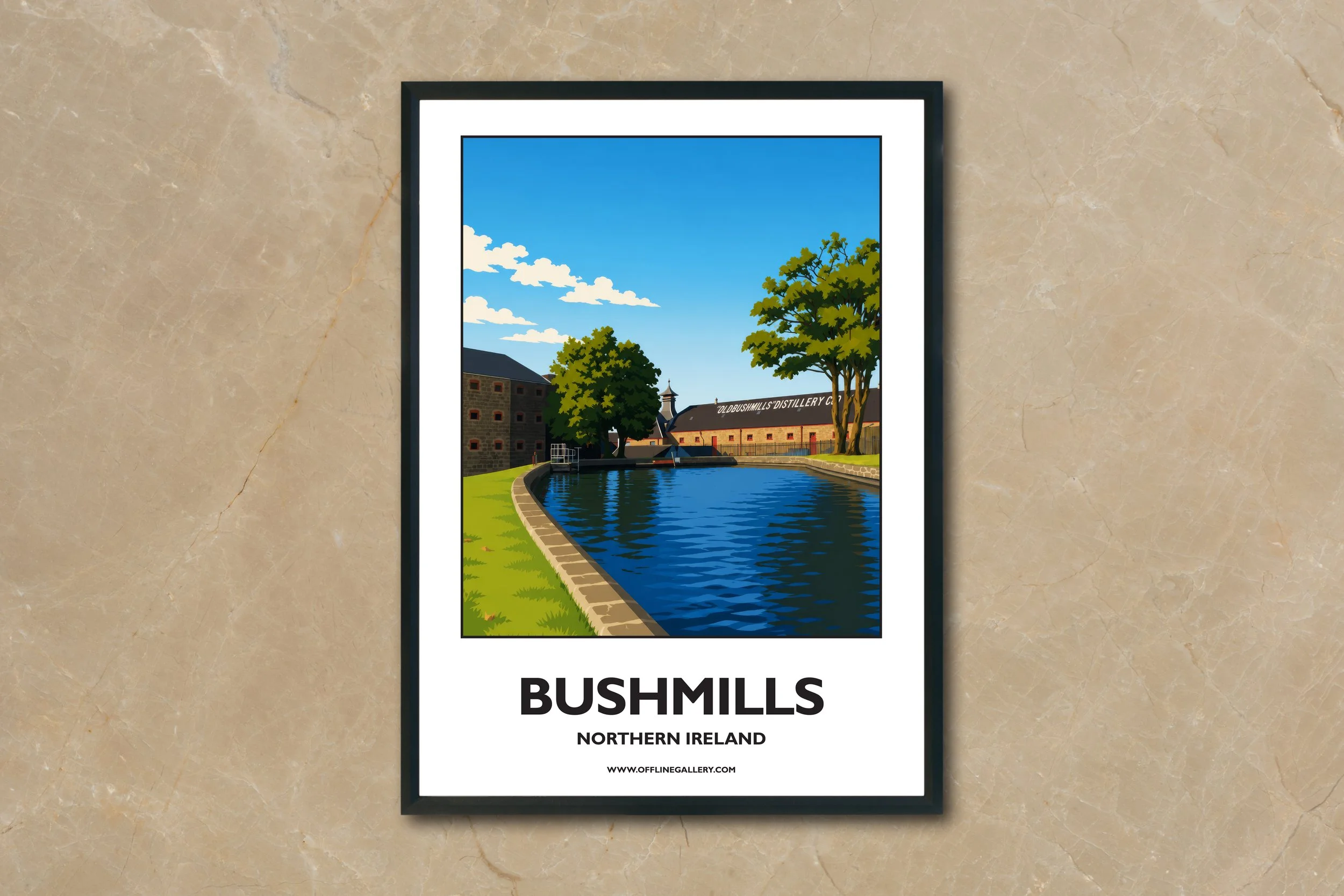 A4.2 - Poster of Bushmills Distillery for sale, perfect for art lovers and collectors. Ideal for home or office, this artwork brings a touch of Northern Ireland's natural charm to any setting.