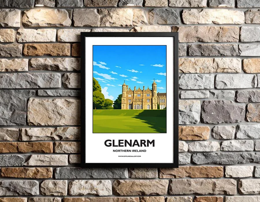 A3.2- Stunning poster of Glenarm Castle for sale, perfect for art lovers and collectors. Ideal for home or office, this artwork brings a touch of Northern Ireland's natural charm to any setting.