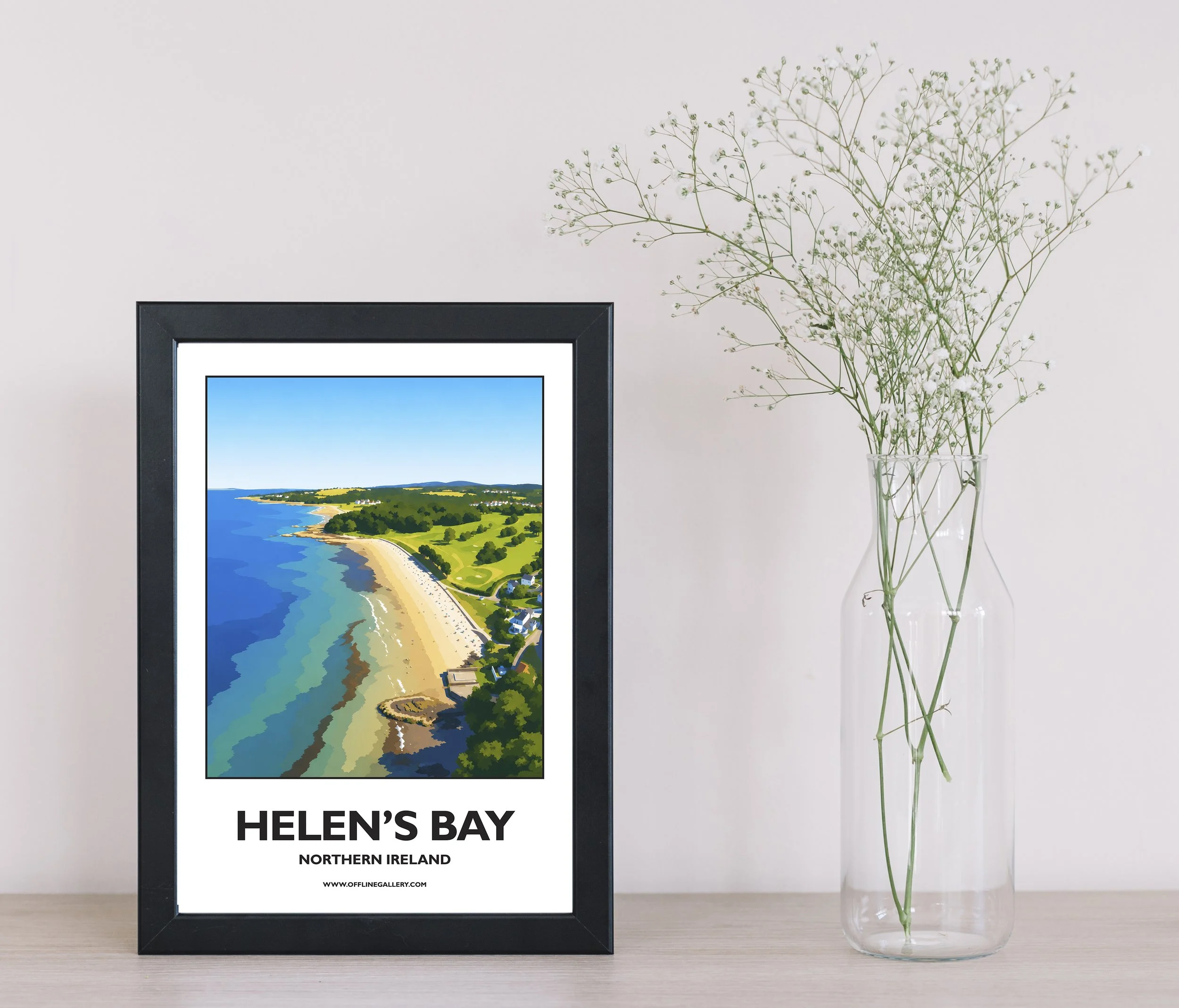 A4.1 - Stunning poster of Helen’s Bay for sale, perfect for art lovers and collectors. Ideal for home or office, this artwork brings a touch of Northern Ireland's natural charm to any setting.