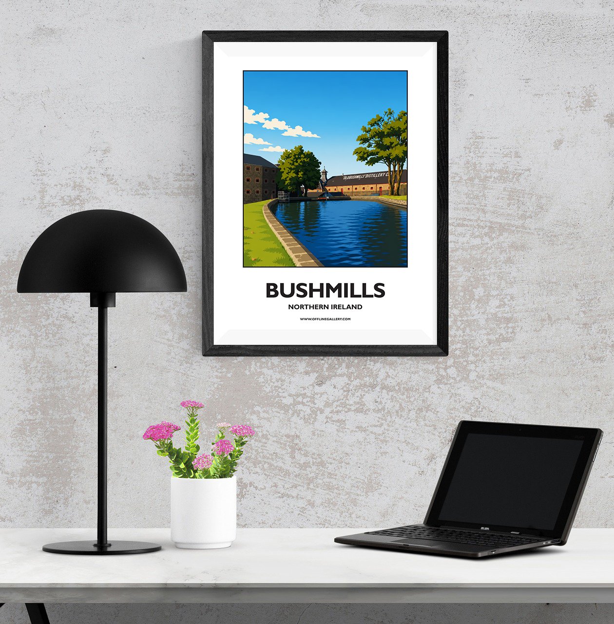A3.1 - Poster of Bushmills Distillery for sale, perfect for art lovers and collectors. Ideal for home or office, this artwork brings a touch of Northern Ireland's natural charm to any setting.