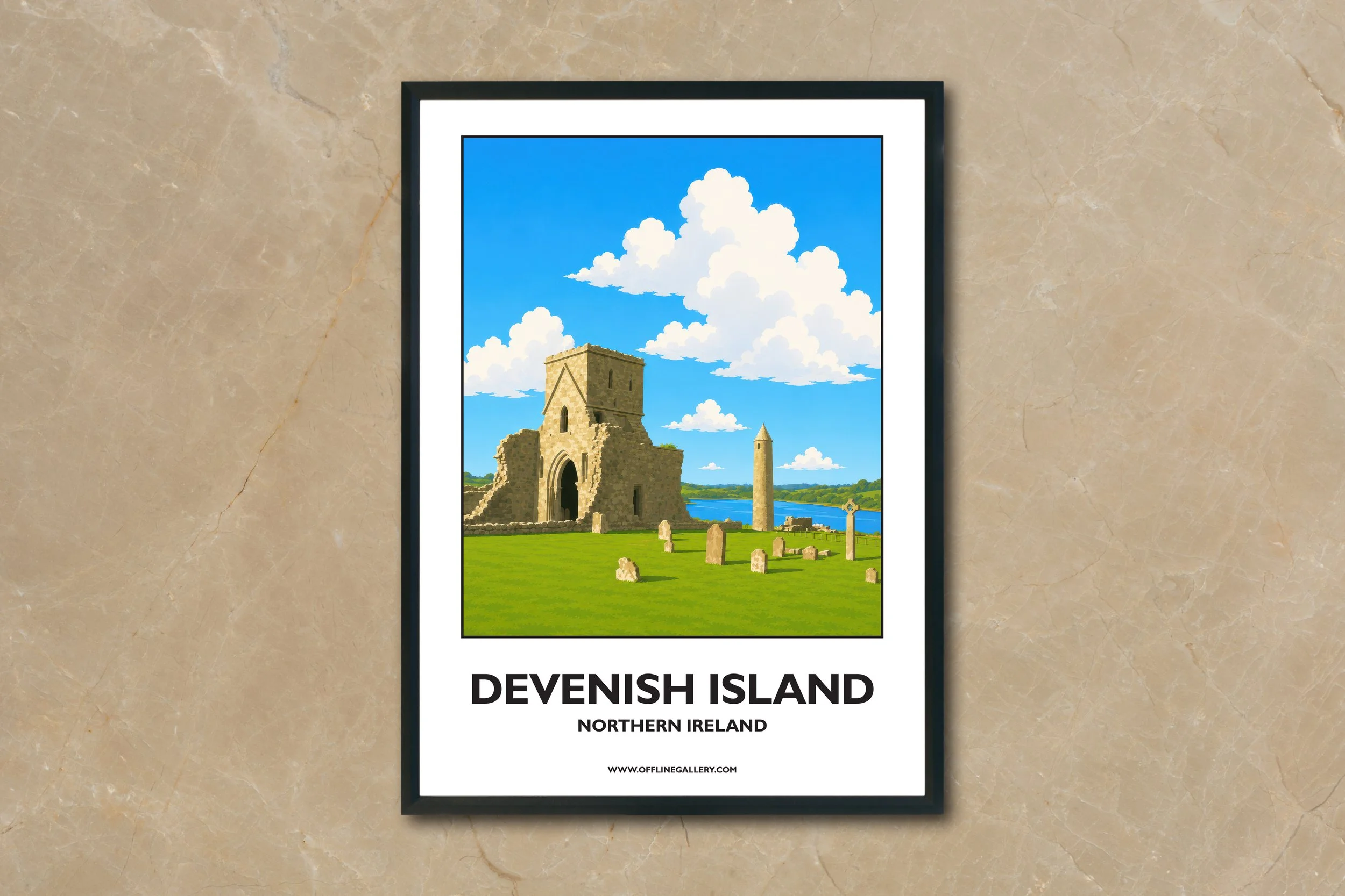 A4.2 - Beautiful poster of historic Devenish Island for sale, perfect for art lovers and collectors. This artwork brings the beauty of Northern Ireland to any setting, home or office.