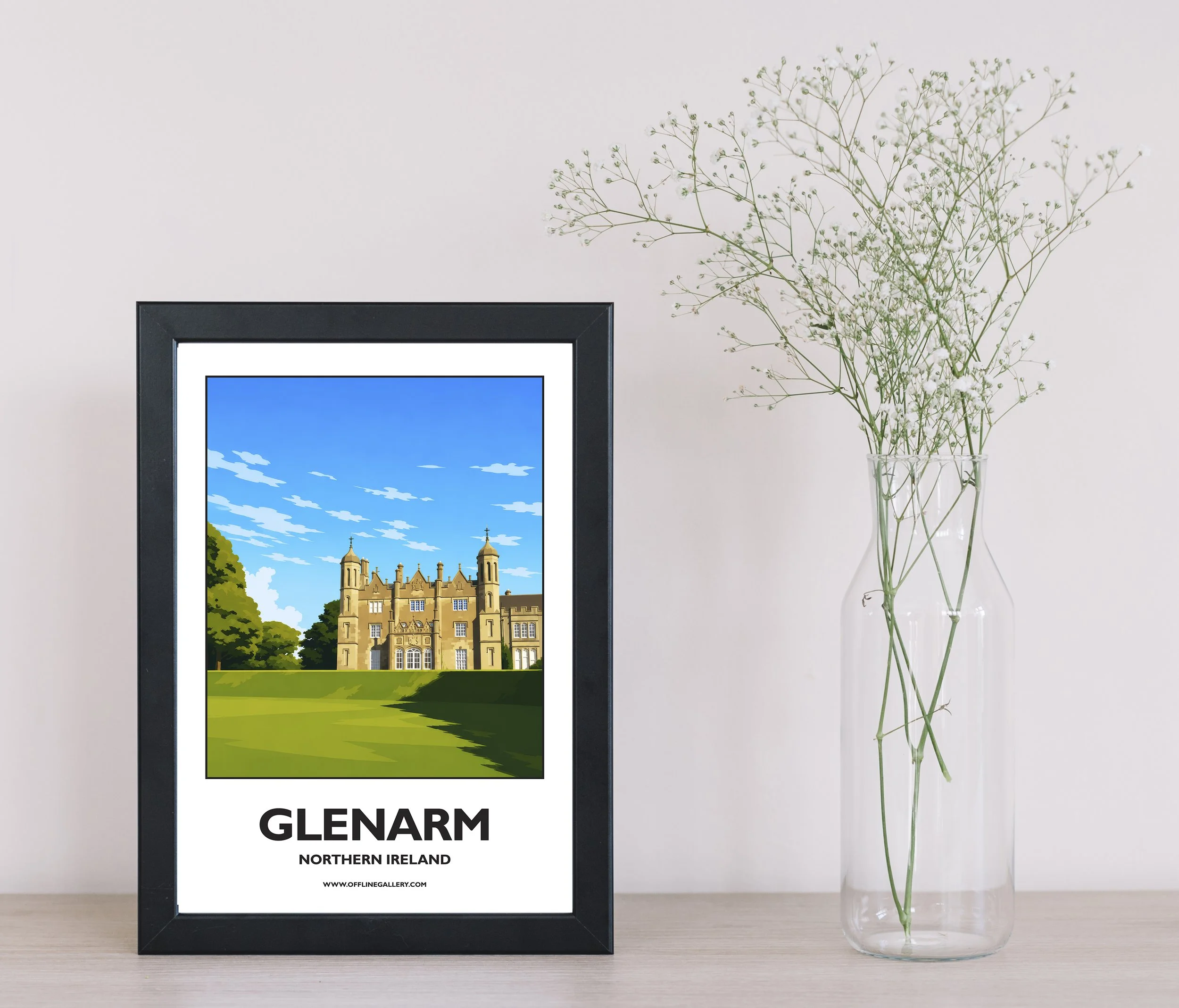 A4.1- Stunning poster of Glenarm Castle for sale, perfect for art lovers and collectors. Ideal for home or office, this artwork brings a touch of Northern Ireland's natural charm to any setting.