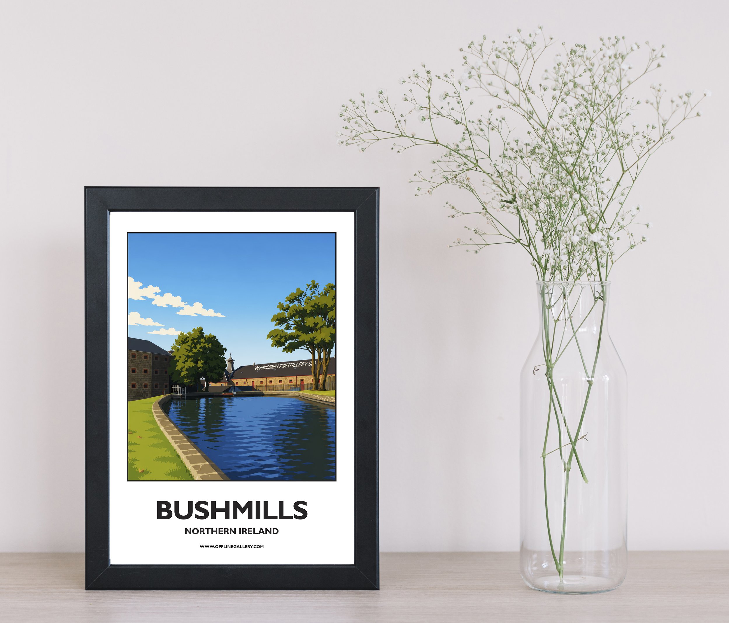 A4.1 - Poster of Bushmills Distillery for sale, perfect for art lovers and collectors. Ideal for home or office, this artwork brings a touch of Northern Ireland's natural charm to any setting.