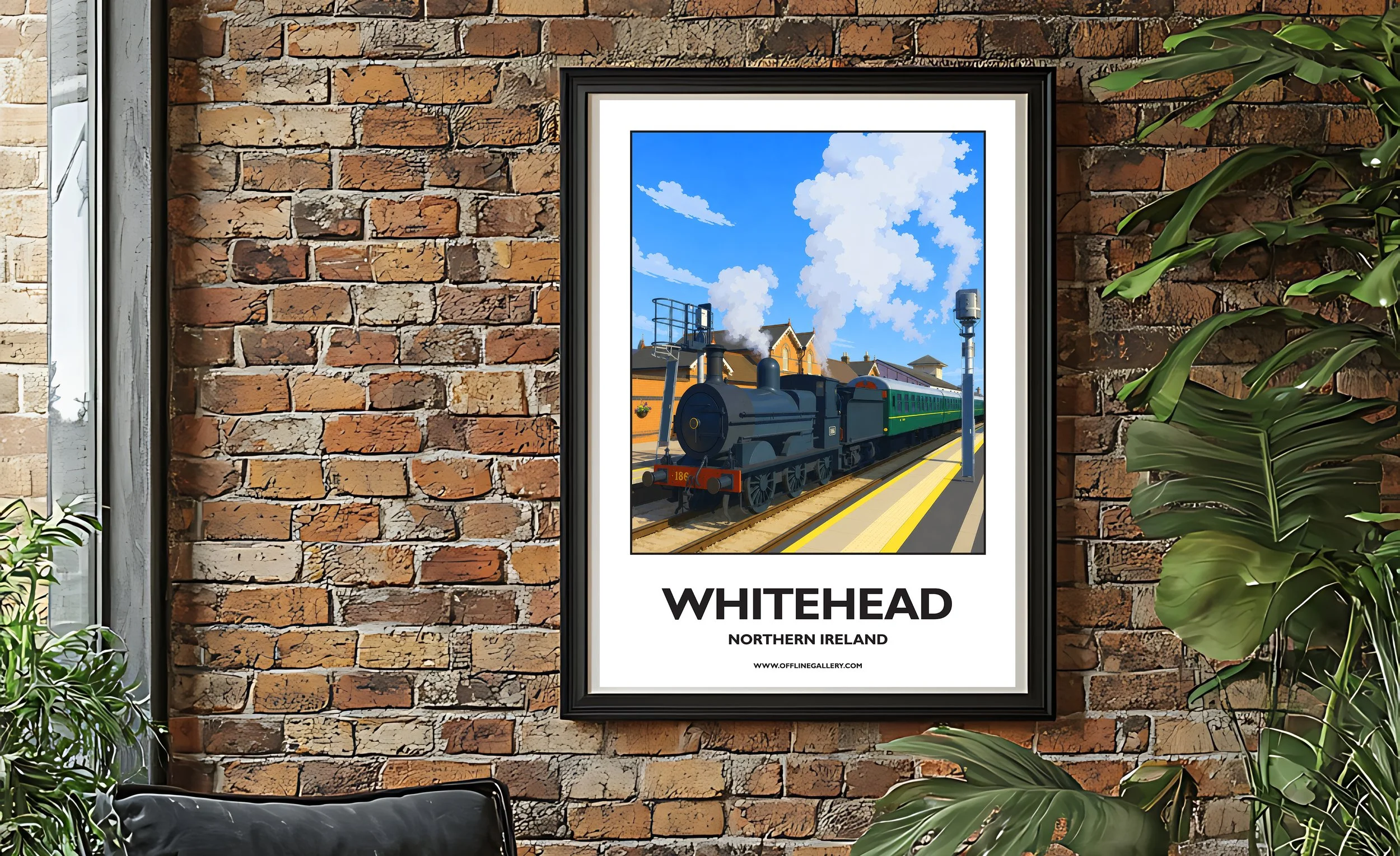A2.2 - Beautiful poster of historic Whitehead Train Station for sale, perfect for art lovers and collectors. This artwork brings the beauty of Northern Ireland to any setting, home or office.