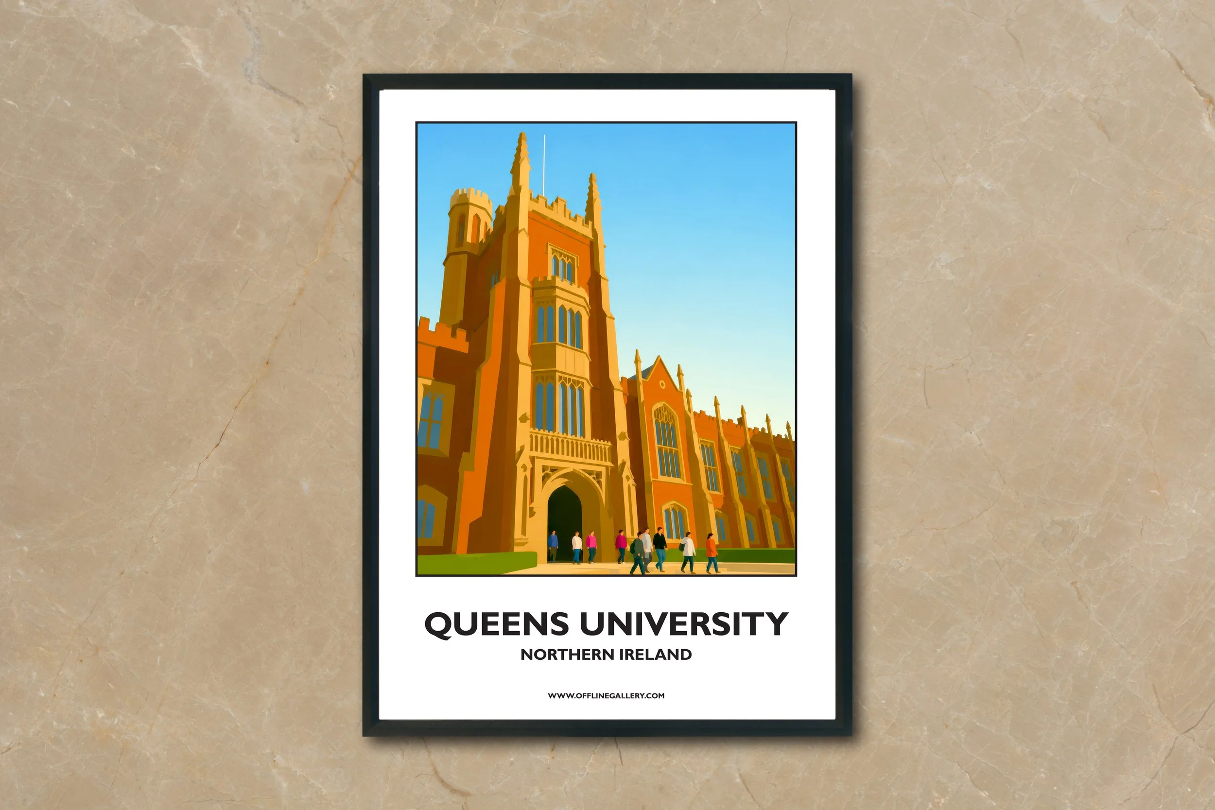 A4.2- Stunning poster of Queens University for sale, perfect for art lovers and collectors. Ideal for home or office, this artwork shows an image of an iconic local university in Northern Ireland.