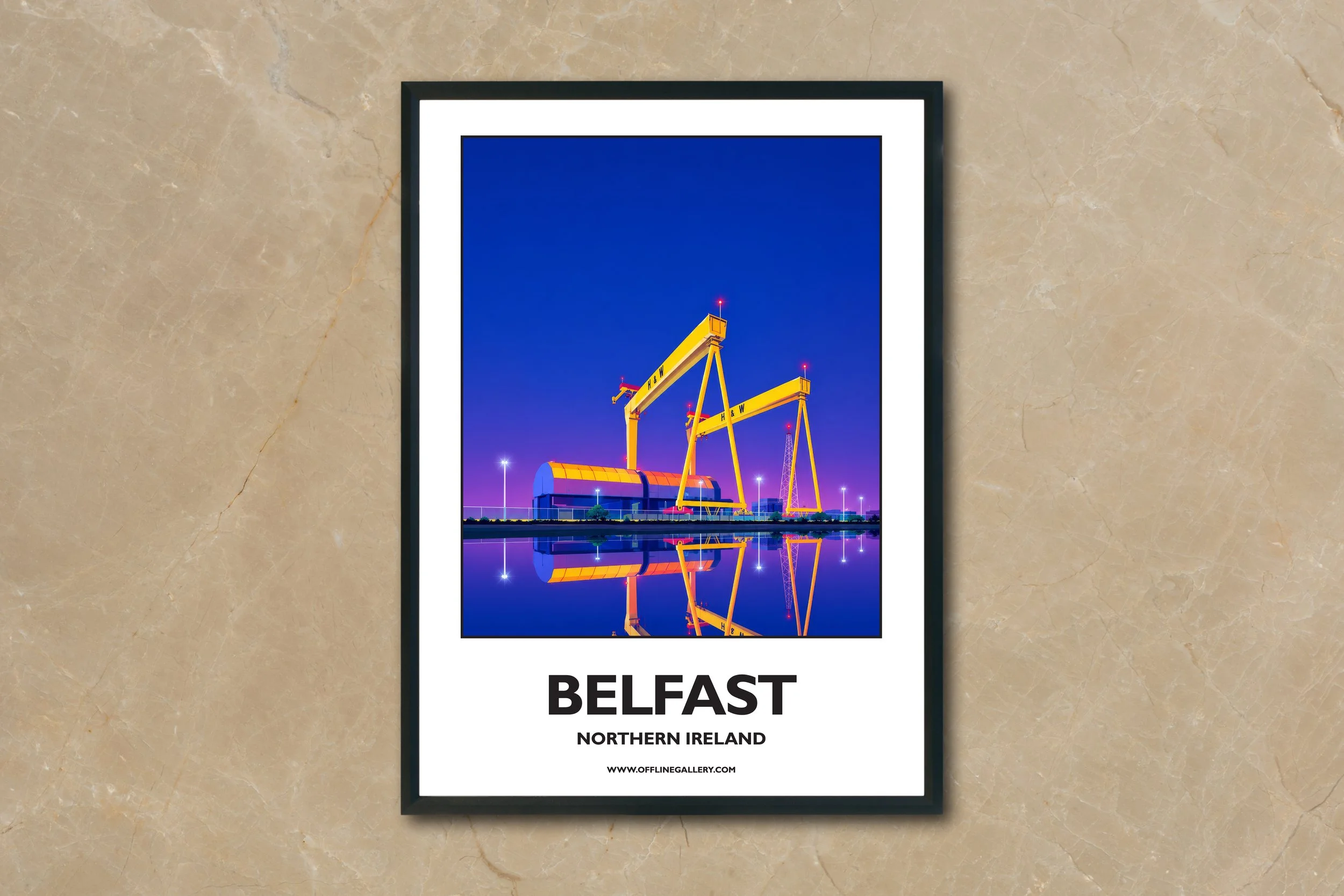 A4.2 - Poster of Belfast’s famous cranes for sale, perfect for art lovers and collectors. Ideal for home or office, this artwork brings a touch of Northern Ireland's natural charm to any setting.