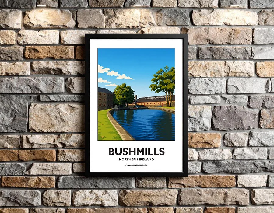 A3.2 - Poster of Bushmills Distillery for sale, perfect for art lovers and collectors. Ideal for home or office, this artwork brings a touch of Northern Ireland's natural charm to any setting.