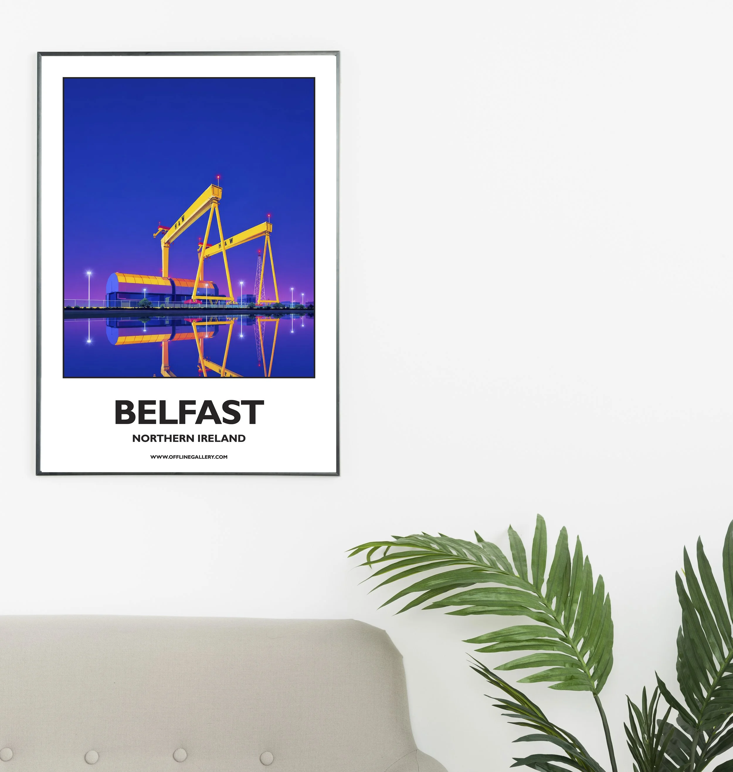 A2.1 - Poster of Belfast’s famous cranes for sale, perfect for art lovers and collectors. Ideal for home or office, this artwork brings a touch of Northern Ireland's natural charm to any setting.