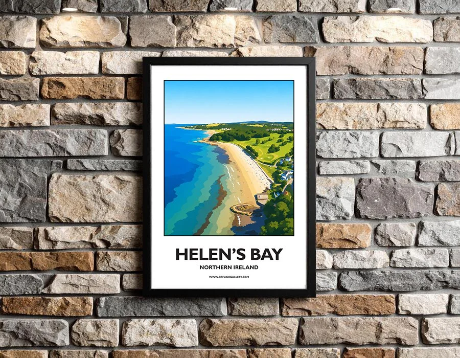 A3.2 - Stunning poster of Helen’s Bay for sale, perfect for art lovers and collectors. Ideal for home or office, this artwork brings a touch of Northern Ireland's natural charm to any setting.