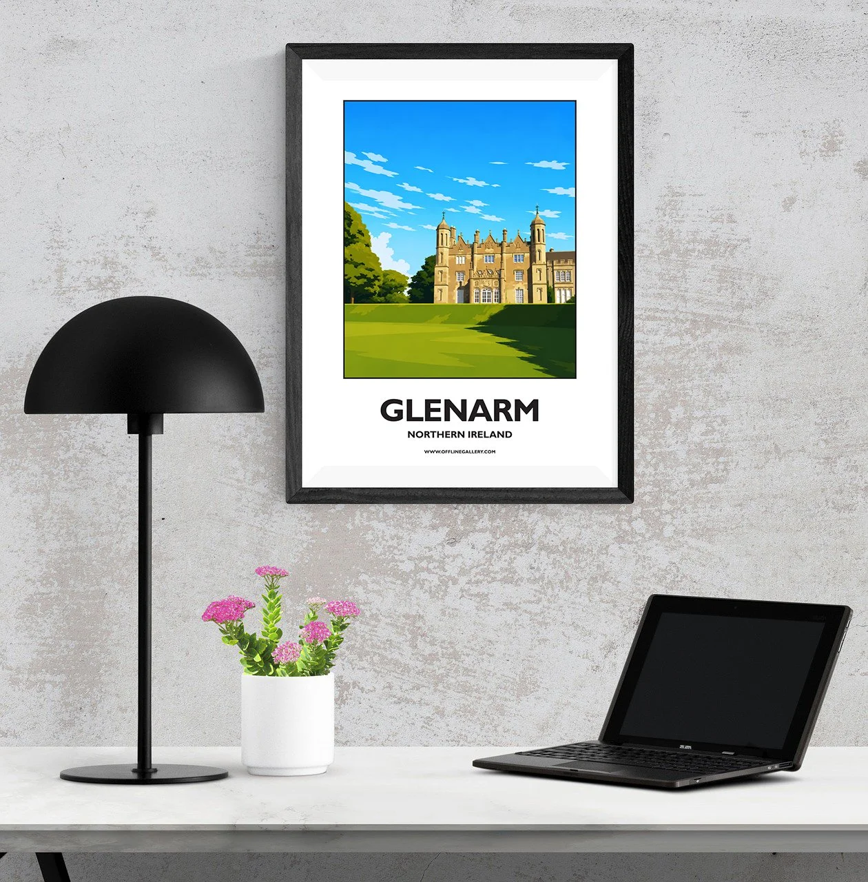 A3.1- Stunning poster of Glenarm Castle for sale, perfect for art lovers and collectors. Ideal for home or office, this artwork brings a touch of Northern Ireland's natural charm to any setting.