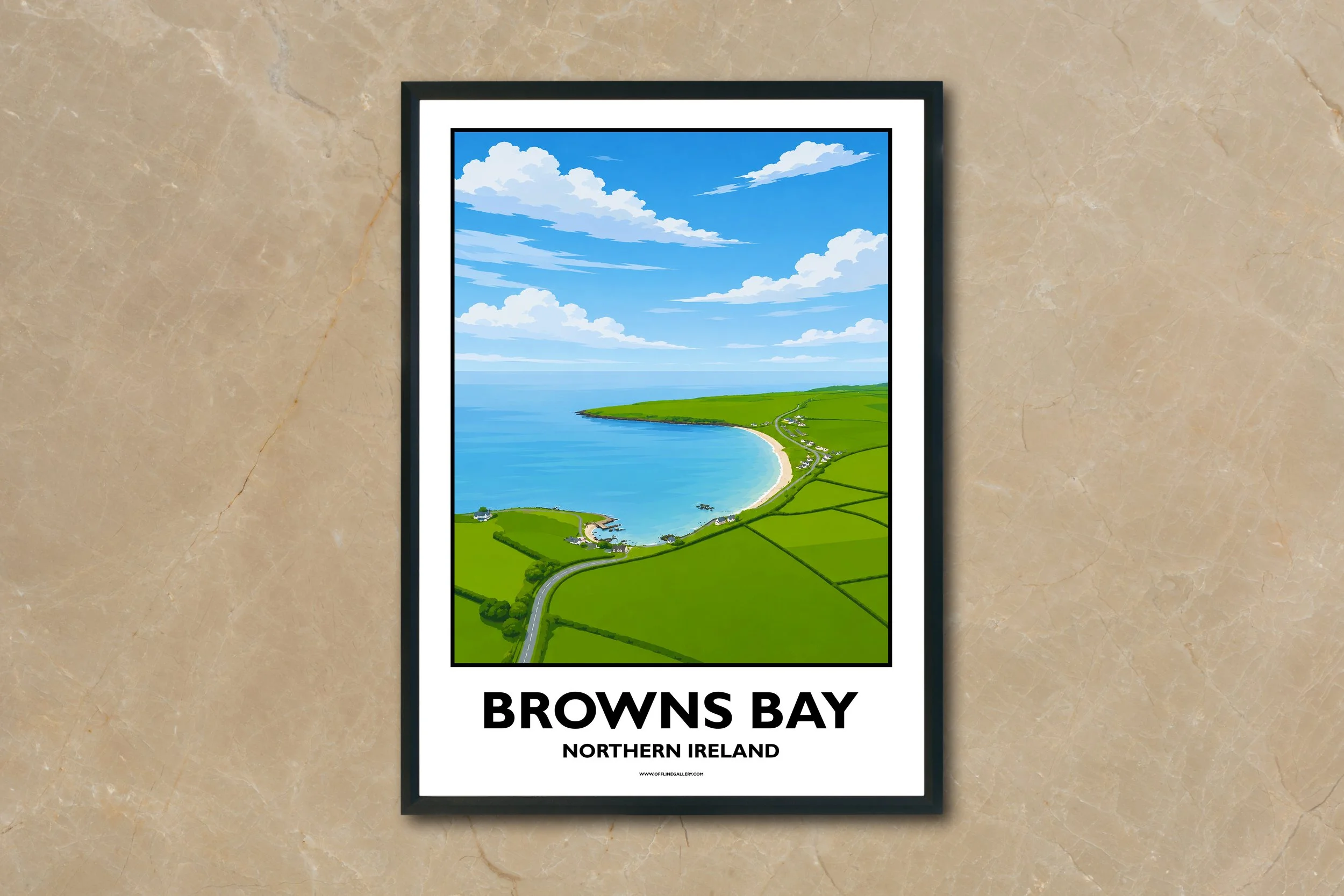A4.2 - Stunning poster of Browns Bay for sale, perfect for art lovers and collectors. Ideal for home or office, this artwork brings a touch of Northern Ireland's natural charm to any setting.