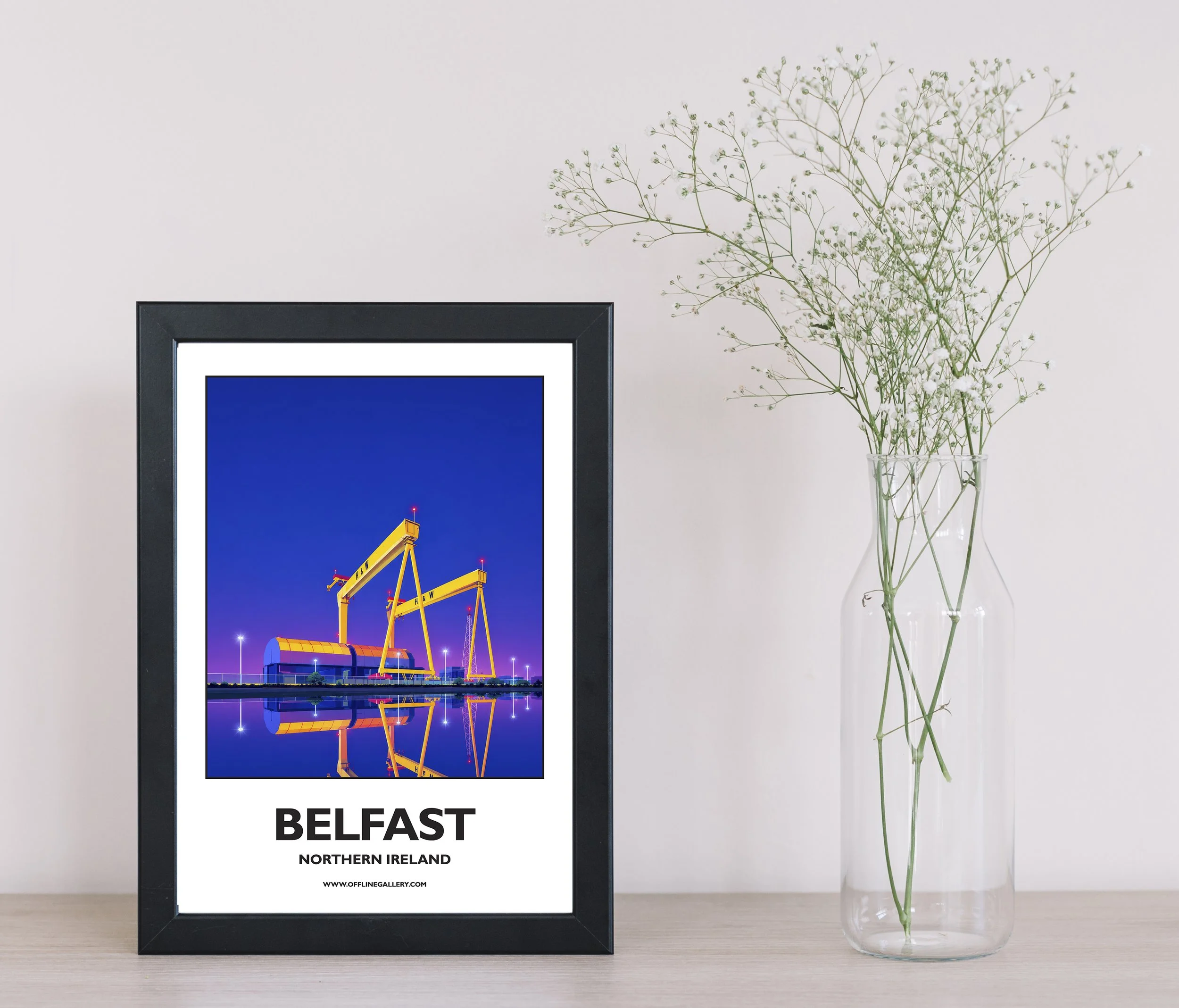 A4.1 - Poster of Belfast’s famous cranes for sale, perfect for art lovers and collectors. Ideal for home or office, this artwork brings a touch of Northern Ireland's natural charm to any setting.