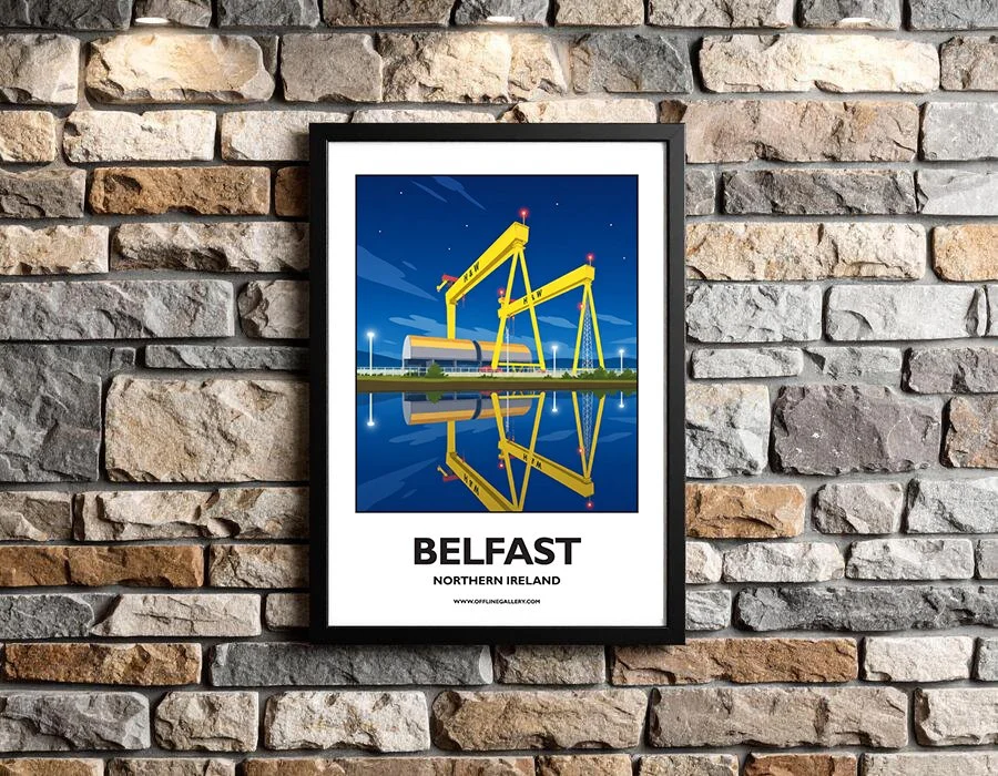 A3.2- Poster of Belfast’s famous cranes for sale, perfect for art lovers and collectors. Ideal for home or office, this artwork brings a touch of Northern Ireland's natural charm to any setting.