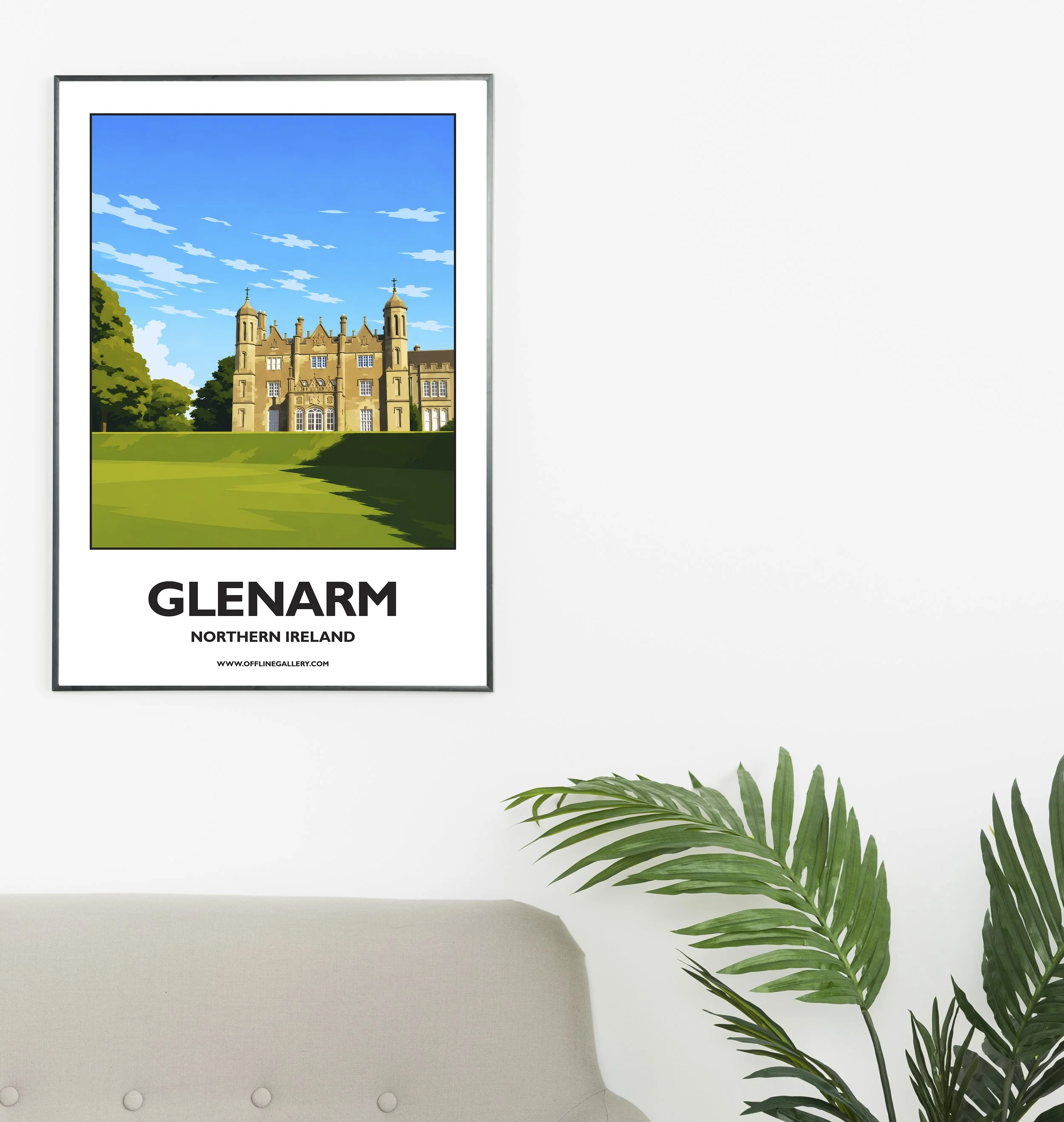 A2.1- Stunning poster of Glenarm Castle for sale, perfect for art lovers and collectors. Ideal for home or office, this artwork brings a touch of Northern Ireland's natural charm to any setting.