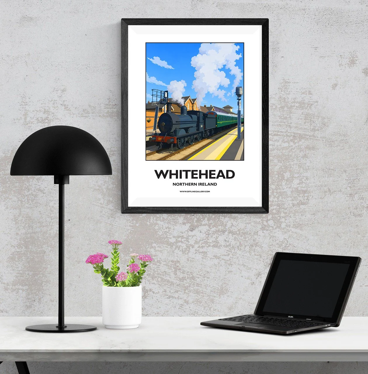 A3.1 - Beautiful poster of historic Whitehead Train Station for sale, perfect for art lovers and collectors. This artwork brings the beauty of Northern Ireland to any setting, home or office.