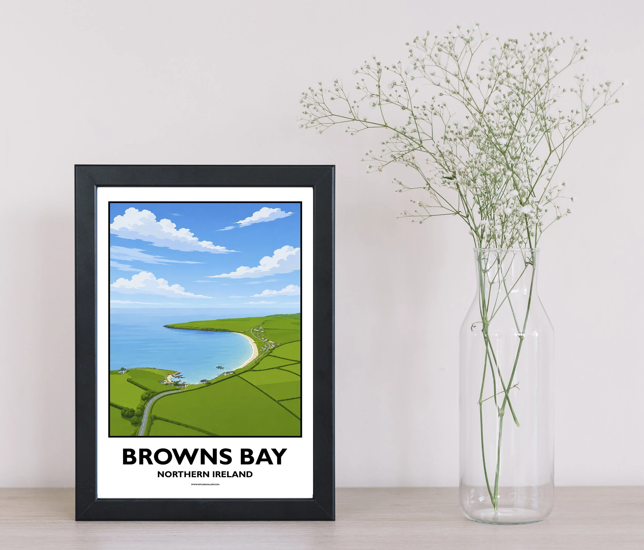 A4.1 - Stunning poster of Browns Bay for sale, perfect for art lovers and collectors. Ideal for home or office, this artwork brings a touch of Northern Ireland's natural charm to any setting.