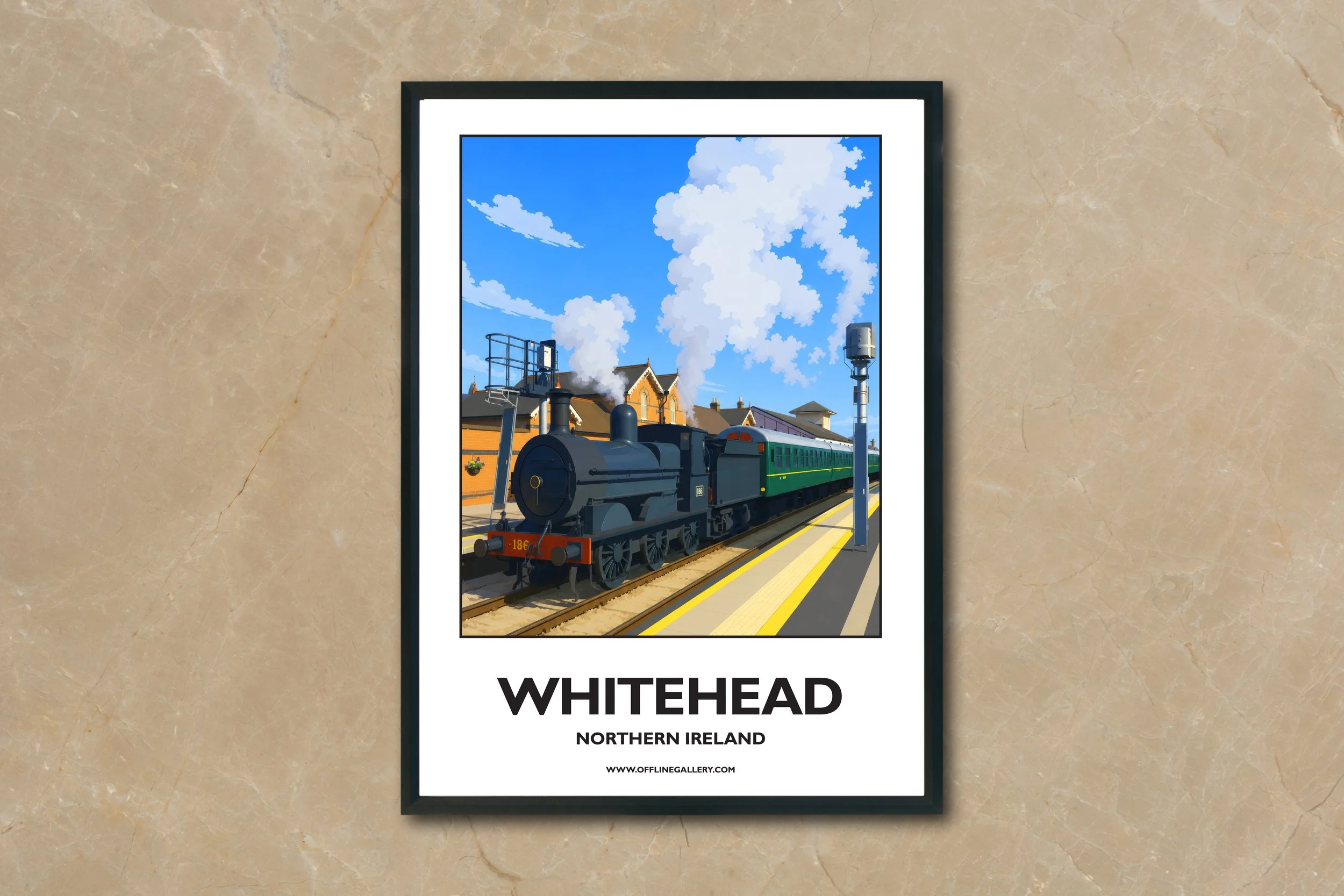 A4.2 - Beautiful poster of historic Whitehead Train Station for sale, perfect for art lovers and collectors. This artwork brings the beauty of Northern Ireland to any setting, home or office.