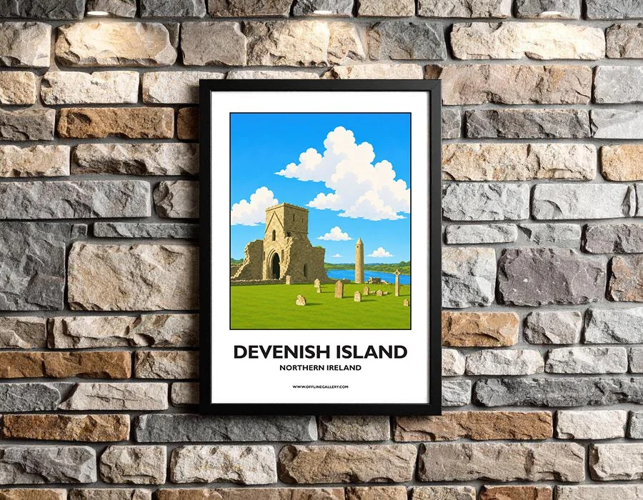 A3.2 - Beautiful poster of historic Devenish Island for sale, perfect for art lovers and collectors. This artwork brings the beauty of Northern Ireland to any setting, home or office.