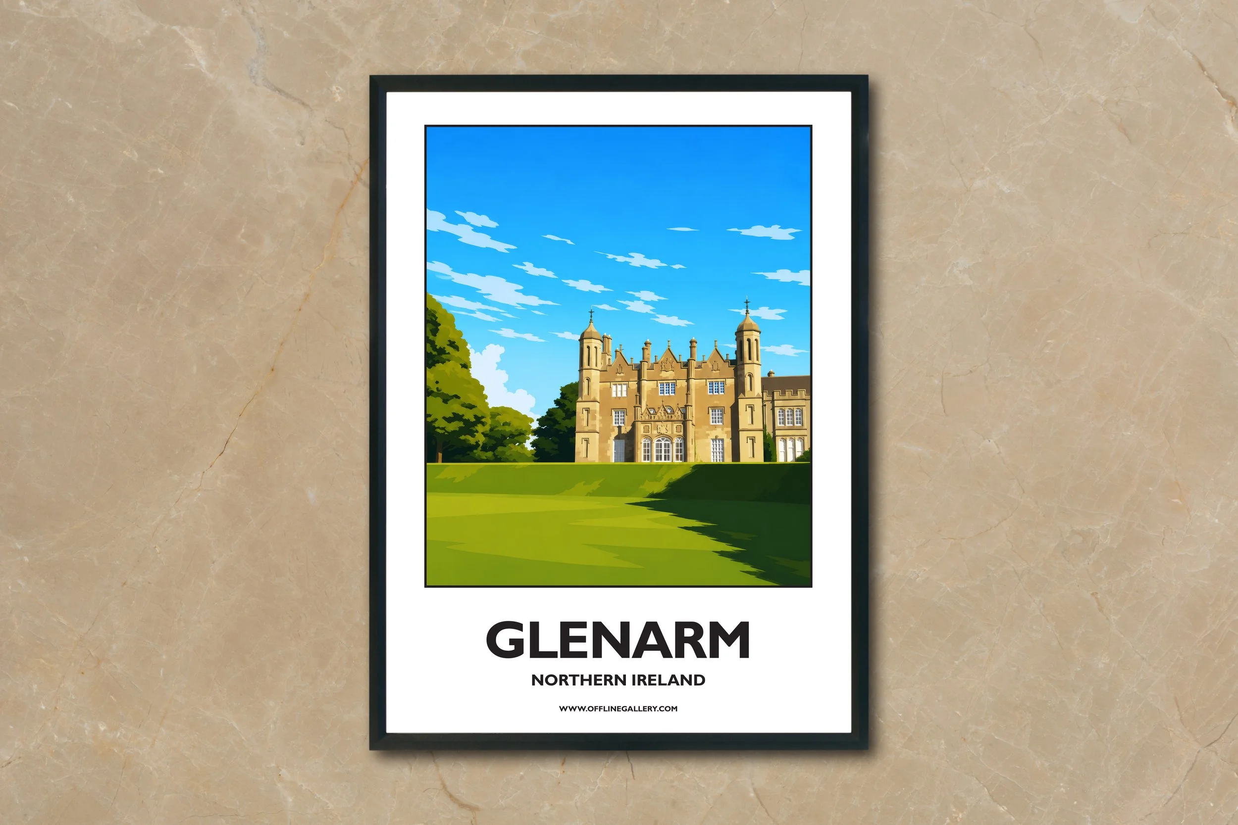 A4.2- Stunning poster of Glenarm Castle for sale, perfect for art lovers and collectors. Ideal for home or office, this artwork brings a touch of Northern Ireland's natural charm to any setting.