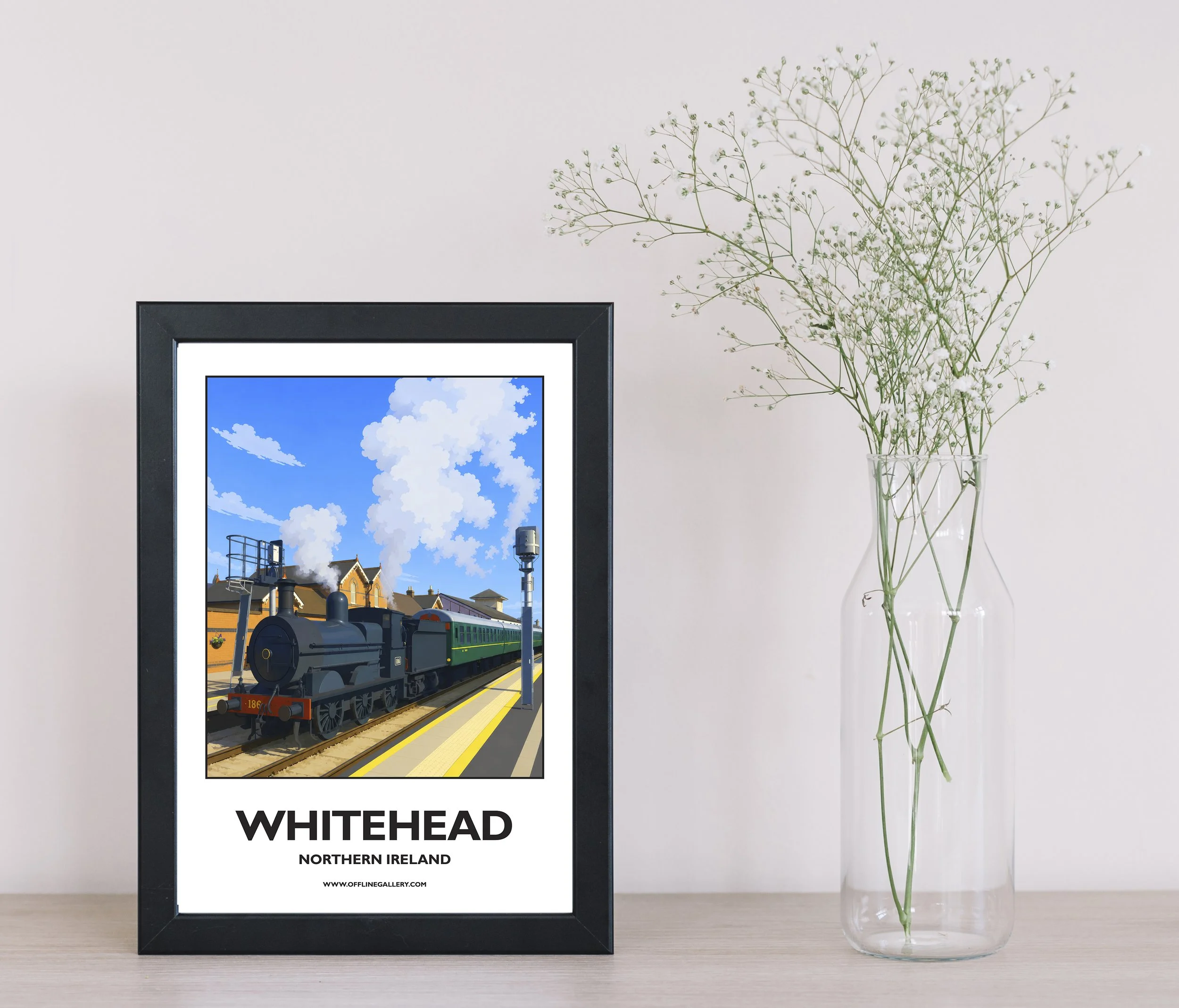 A4.1 - Beautiful poster of historic Whitehead Train Station for sale, perfect for art lovers and collectors. This artwork brings the beauty of Northern Ireland to any setting, home or office.