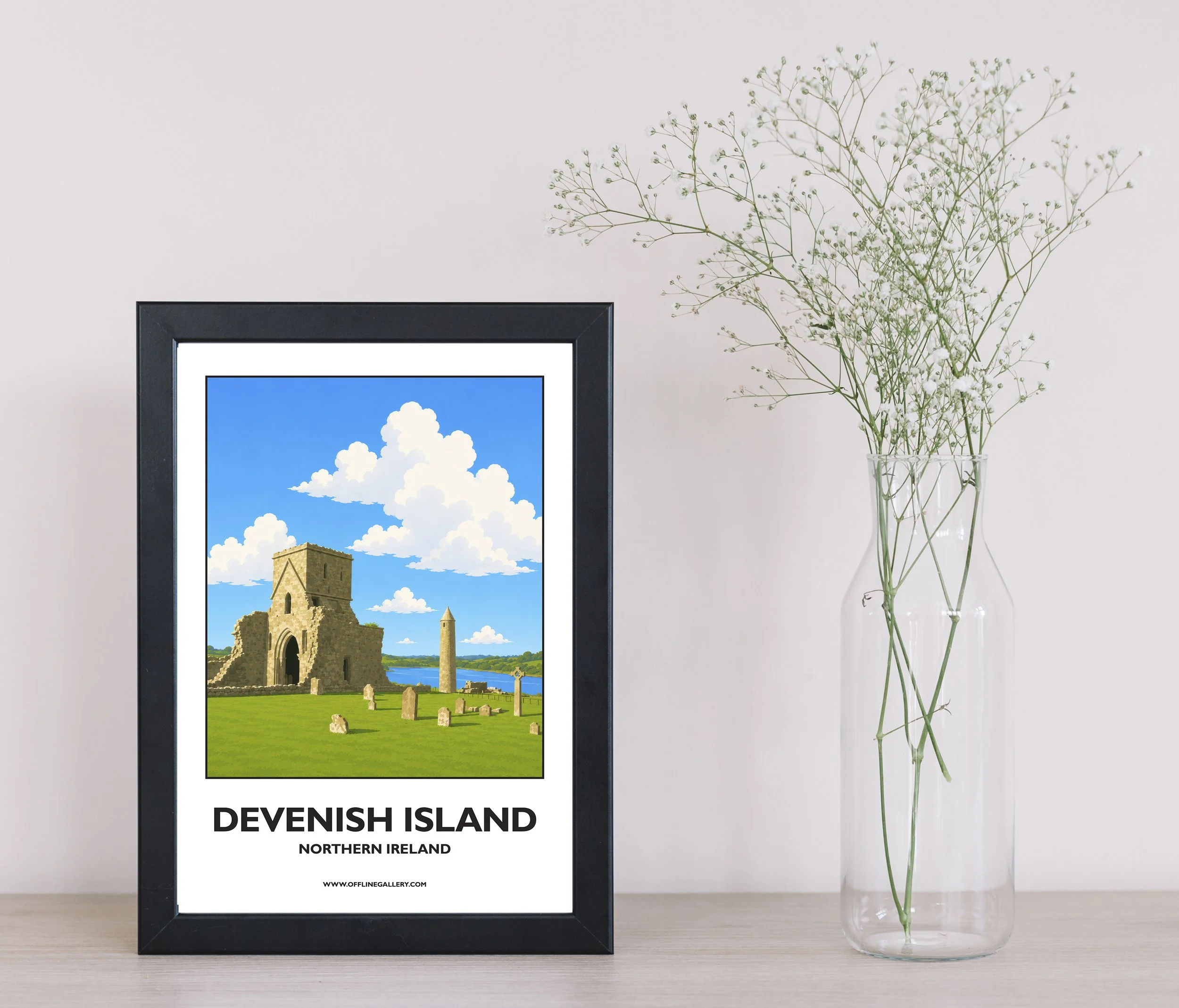 A4.1 - Beautiful poster of historic Devenish Island for sale, perfect for art lovers and collectors. This artwork brings the beauty of Northern Ireland to any setting, home or office.