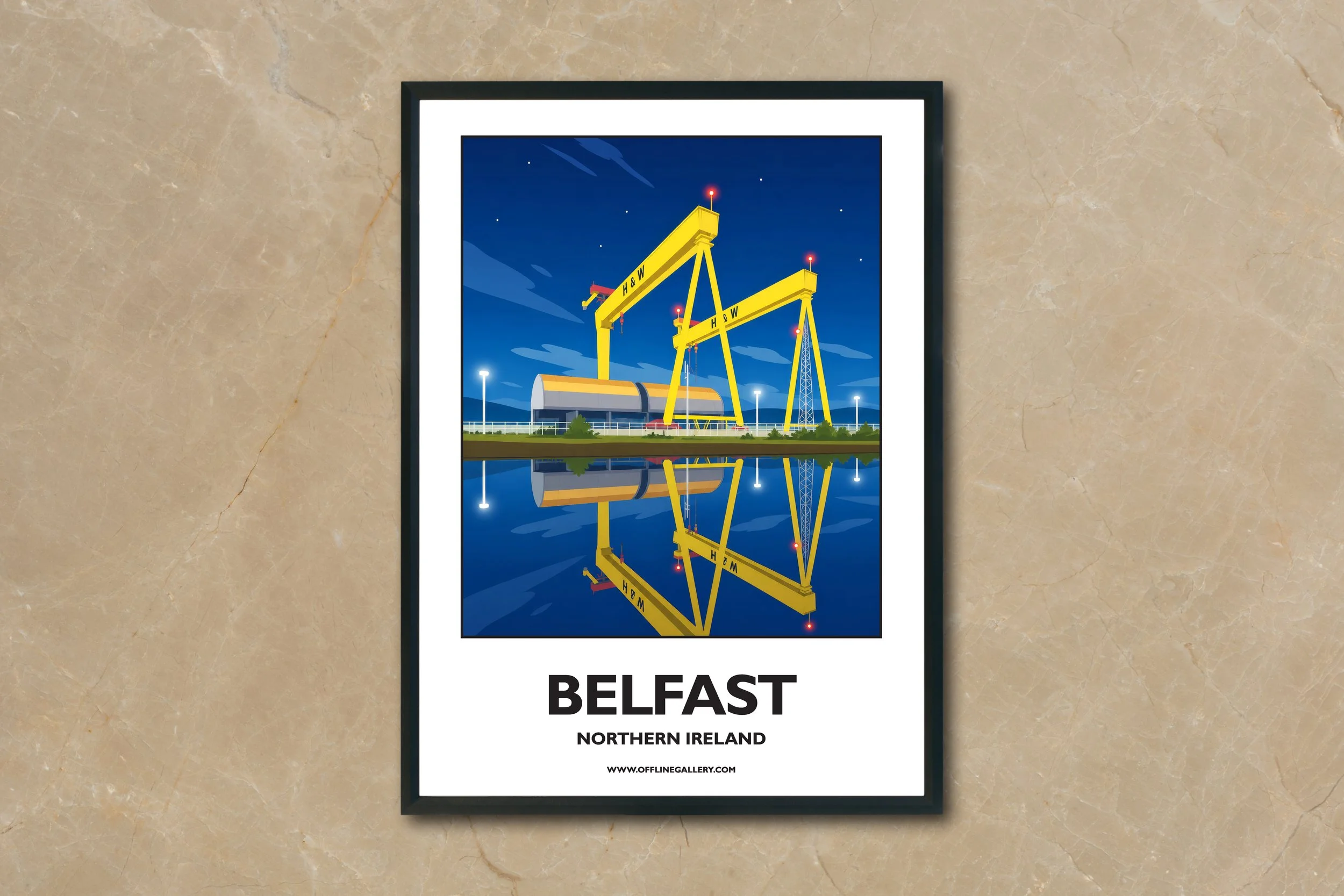 A4.2- Poster of Belfast’s famous cranes for sale, perfect for art lovers and collectors. Ideal for home or office, this artwork brings a touch of Northern Ireland's natural charm to any setting.