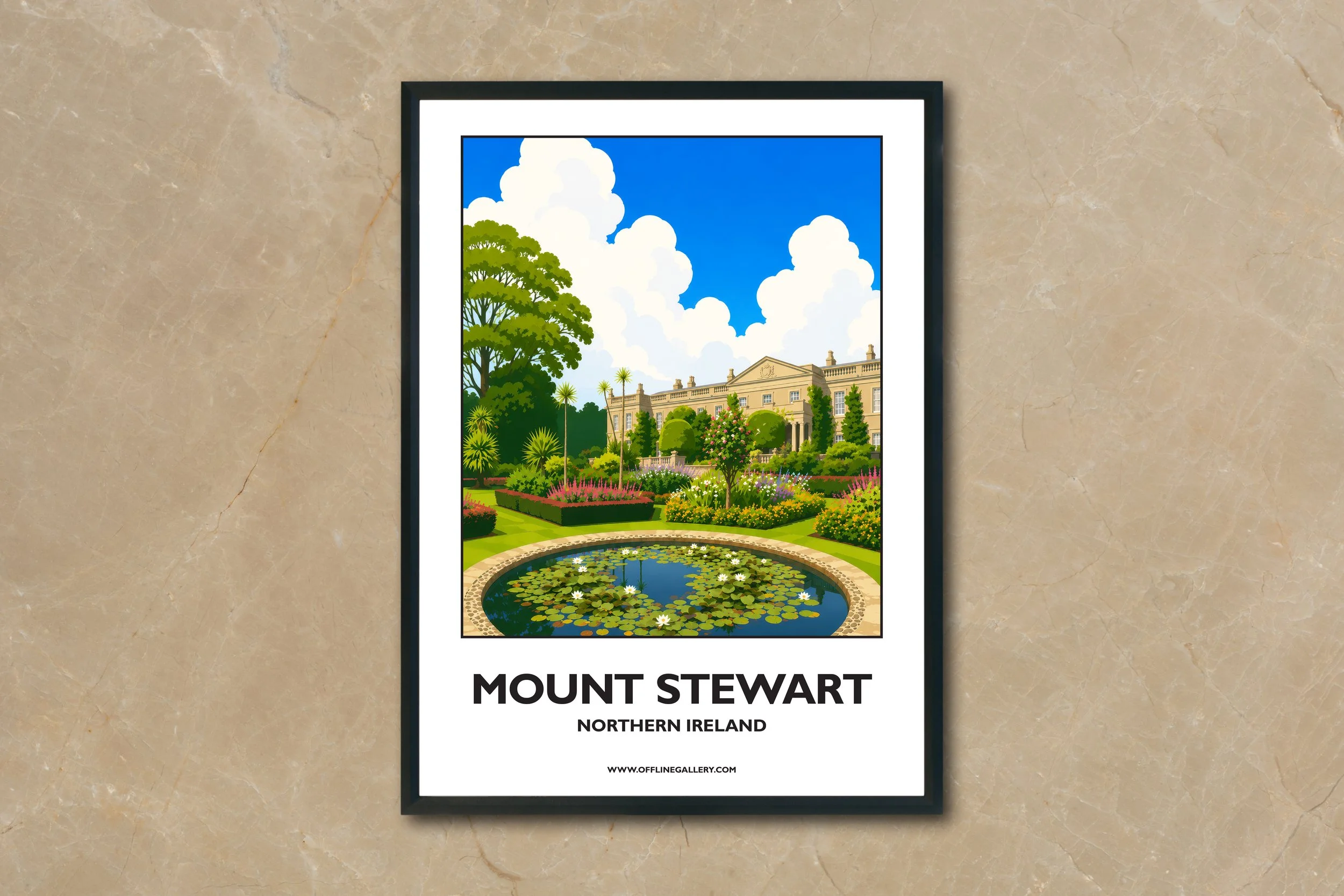 A4.2 - Beautiful poster of historic Mount Stewart for sale, perfect for art lovers and collectors. This artwork brings the beauty of Northern Ireland to any setting, home or office.