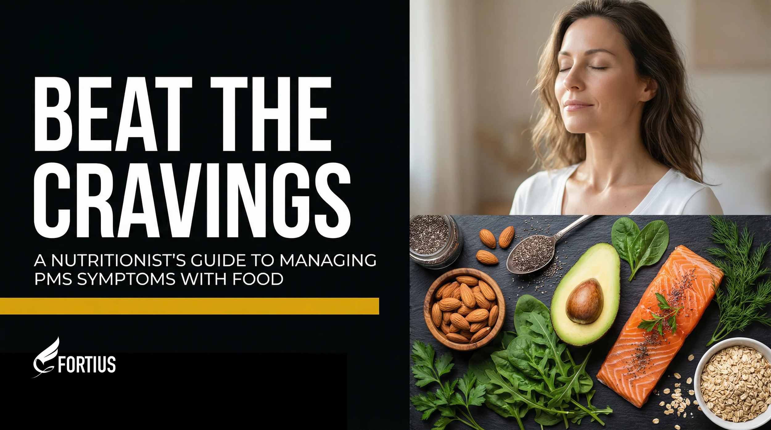 Hero banner for Fortius Dubai blog titled "Beat the Cravings: A Nutritionist's Guide to Managing PMS Symptoms with Food," featuring high-protein, hormone-balancing ingredients like salmon, avocado, spinach, and walnuts.