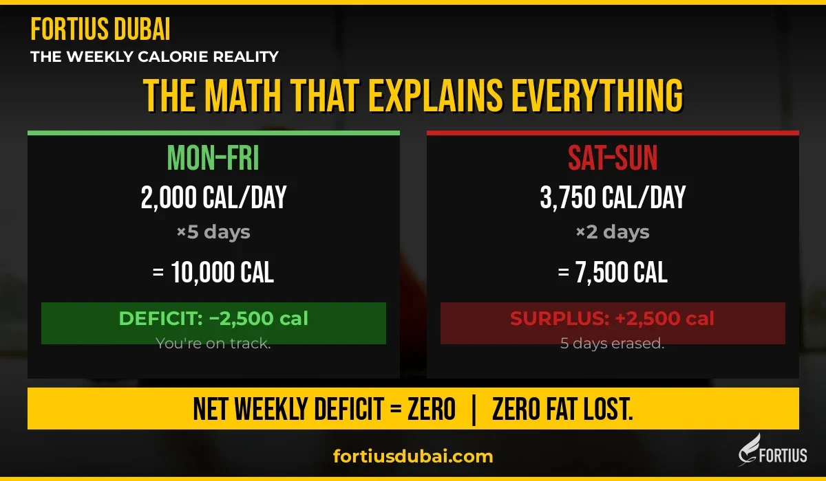 Weekend weight gain calorie math Dubai — Mon-Fri deficit vs weekend surplus infographic showing net zero weekly deficit, by Fortius Dubai