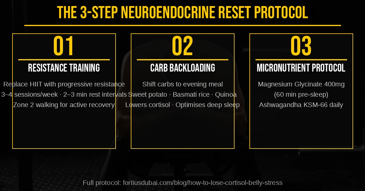 3-step neuroendocrine reset protocol Dubai — resistance training 3-4x per week, strategic carbohydrate backloading, magnesium glycinate and ashwagandha KSM-66 supplementation to reduce cortisol belly. Fortius Dubai.