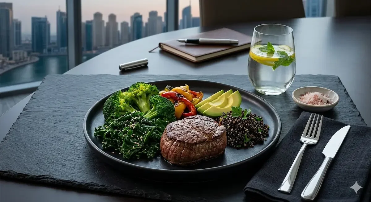 A high-protein executive meal featuring grass-fed steak, avocado, broccoli, and kale, set against a Dubai Marina skyline, illustrating the strategic nutrition framework for female executives at Fortius Dubai.