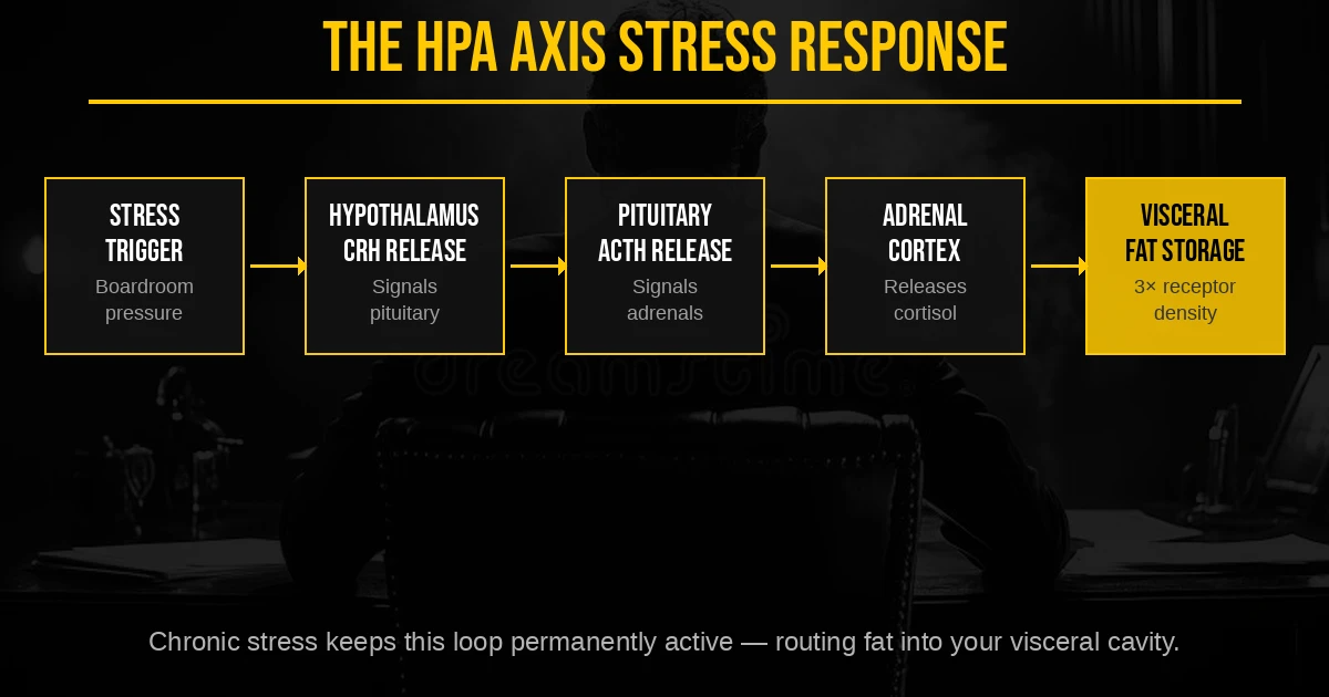 HPA axis stress response diagram — how boardroom stress triggers hypothalamus CRH release, pituitary ACTH release, adrenal cortisol output, and visceral fat storage. Fortius Dubai.