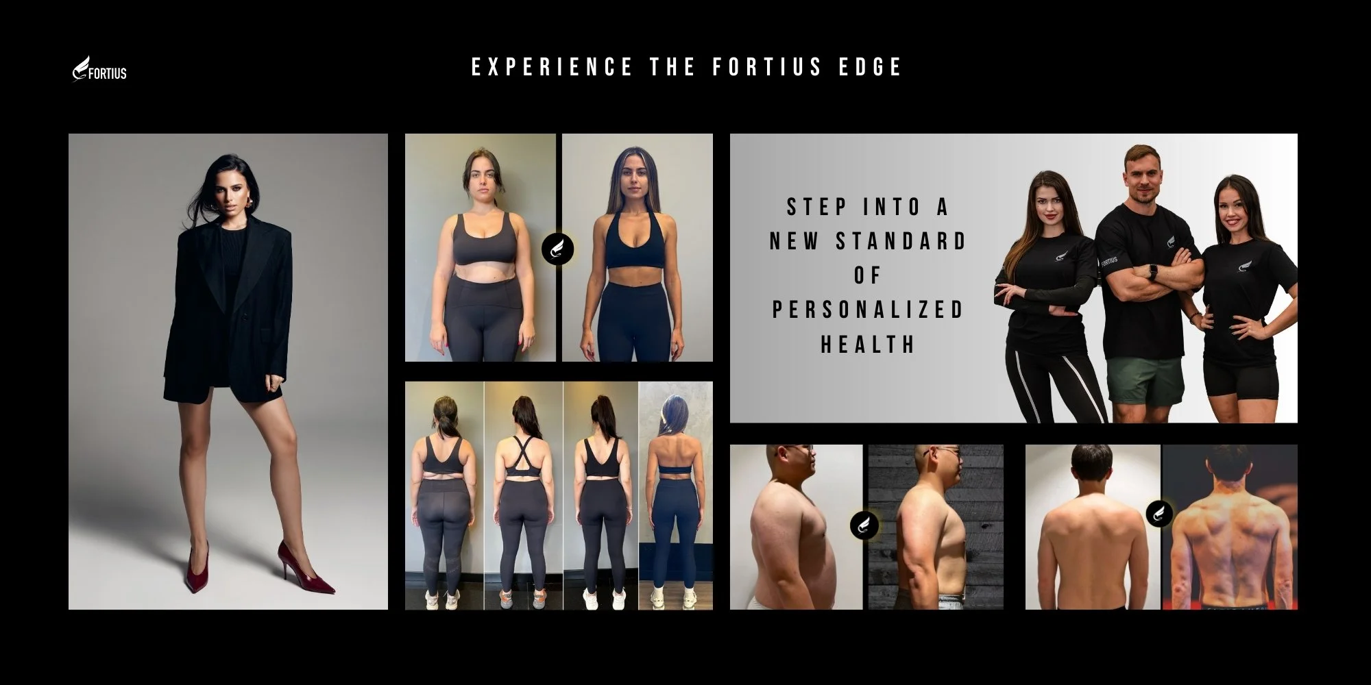 Before and after success stories of male and female clients at Fortius Dubai, demonstrating 12-week fat loss and muscle toning results from customized nutrition and strength training.