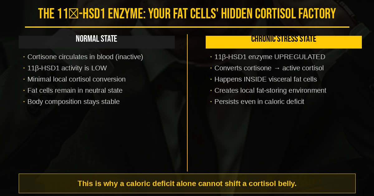 11β-HSD1 enzyme cortisol amplification — how chronic stress upregulates local cortisol conversion inside visceral fat cells, explaining why a caloric deficit alone cannot shift a cortisol belly. Fortius Dubai.